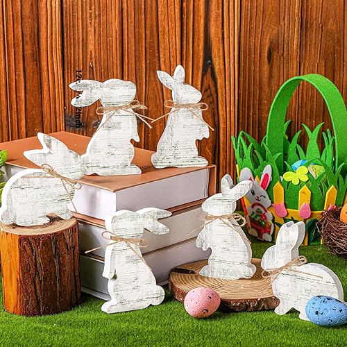 Miniatura 2 de Bememo 6 letreros de madera de conejo de Pascua, adorno de conejo de madera con cuerdas, decoraciones clásicas de Pascua en forma de conejo rústico,