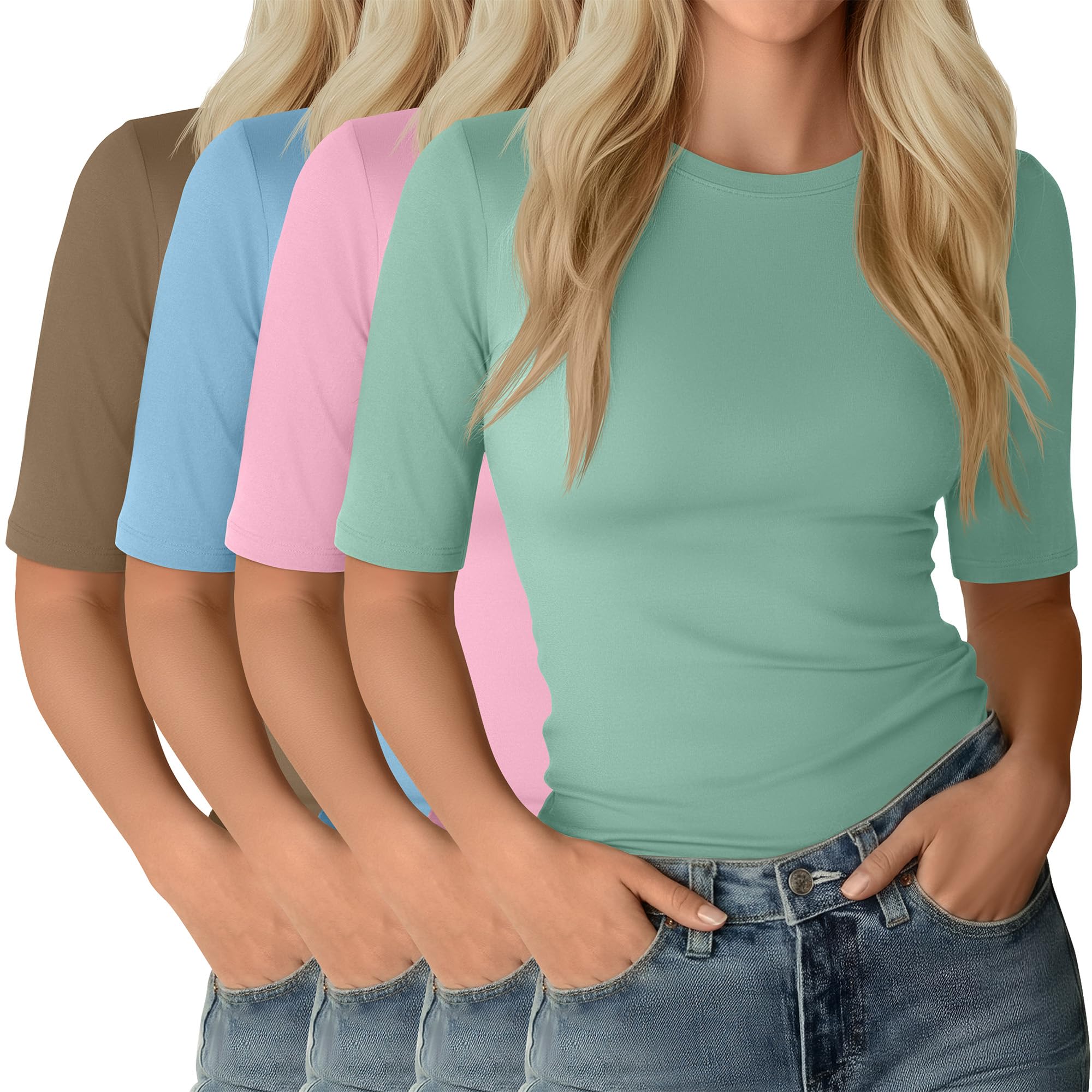 Neer Confezione da 4 Magliette da Donna con Mezze Maniche, Lunghezza ai Gomiti, vestibilità Aderente, Scollo Rotondo, 1/2 Maniche, estive, Basic | Camicie slim fit a mezza manica, maglietta di base elastica leggera, abbigliamento da ufficio, abbigliamento