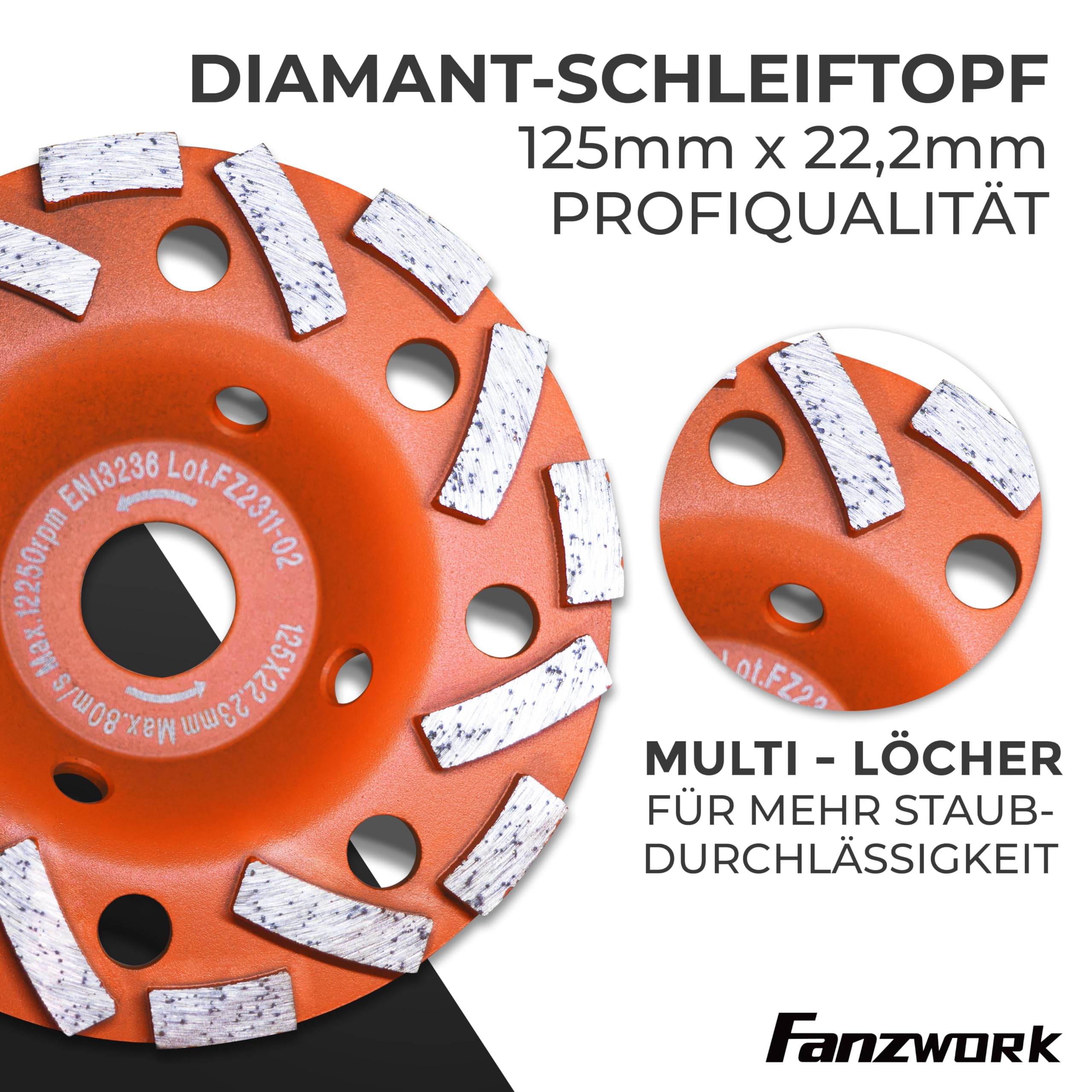 FANZWORK Osłona Ssąca do szlifierki Kątowej z Tarczą Diamentową 125 mm, Wymienne Szczotki, Kompatybilny w 99% Uniwersalny Kształt, Wzmocniony Pierścień Adaptera, Adapter M14