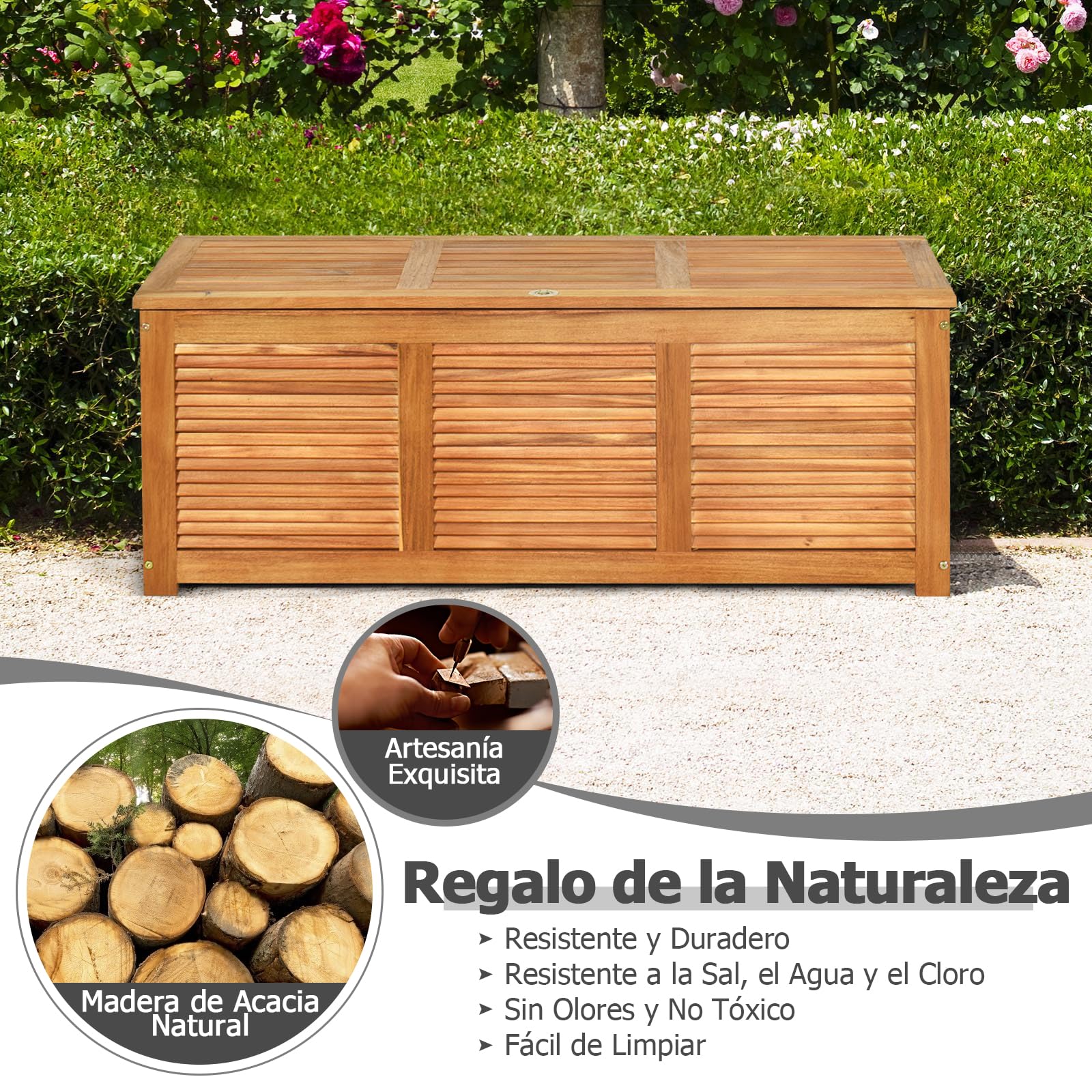 GIANTEX Arcón de Jardín, Baúl Almacenaje de Madera de Acacia, 120x45x45cm, Cofre Almacenamiento 178 L con Tapa Abatible y Diseño Persiana, Organizador para Patio, Balcón, Piscina