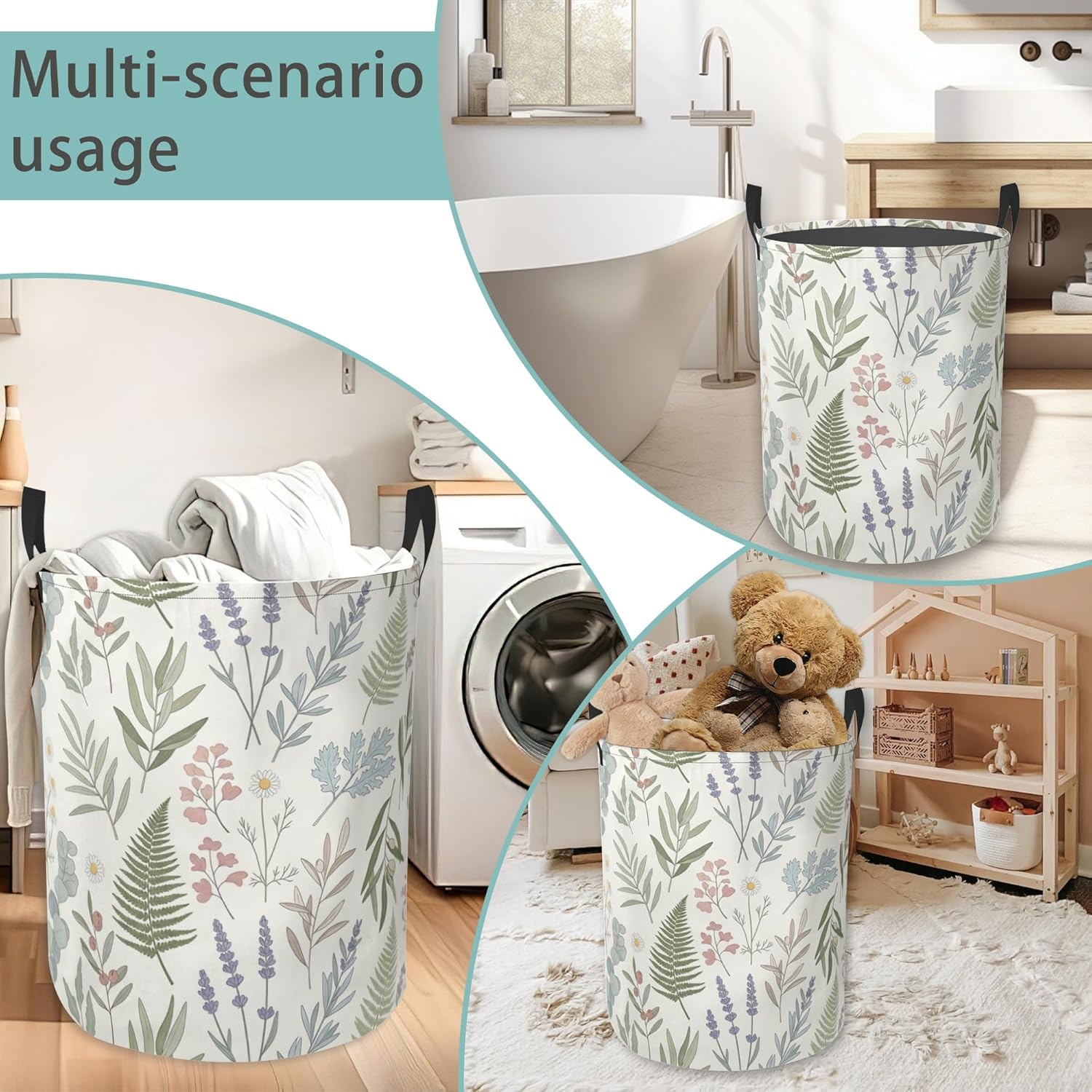 Laundry Basket With Handle, Dirty Clothes Laundry Hamper, Oxford Cloth Bin Storage Organizer for Toy Collection (Green Leaves Floral)