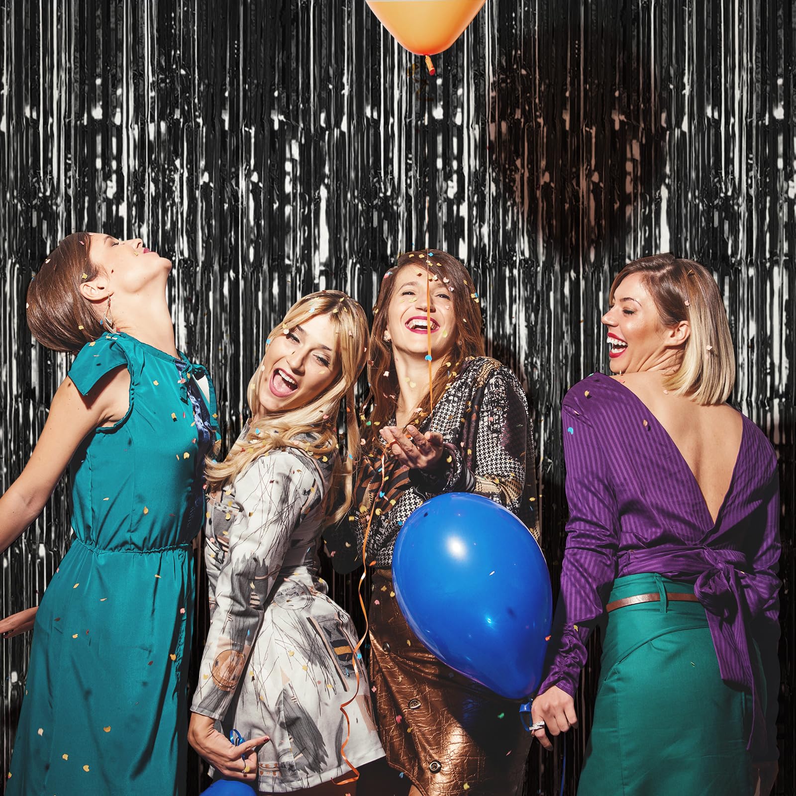Lot de 50 rideaux à franges en feuille d'aluminium métallique pour décoration de fête d'anniversaire, cabine photo, 1 x 2,5 m, noir