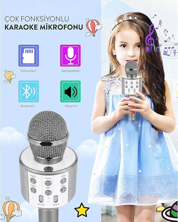 Babilden C-8501 Karaoke Mikrofon Bluetooth USB & TF & Aux (Silver)