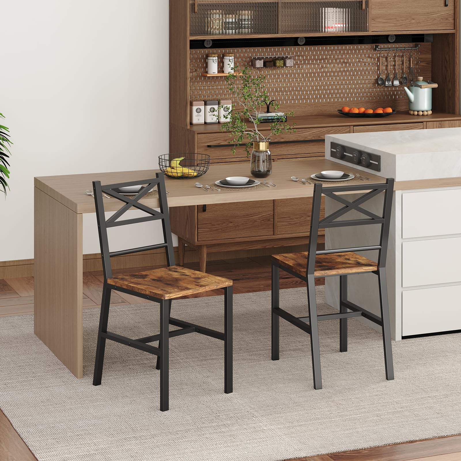 Juego de 2 sillas de comedor de madera rústica con respaldo, sillas de comedor de granja para cocina, silla de estilo industrial con marco de metal, fácil montaje, marrón rústico TBHR1001 7