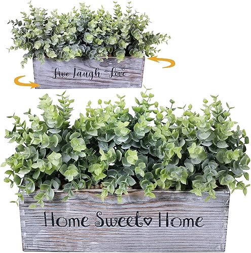 1 pieza de plantas de eucalipto en maceta de madera, arreglo vegetal, planta de eucalipto artificial en caja rectangular de madera para casa de