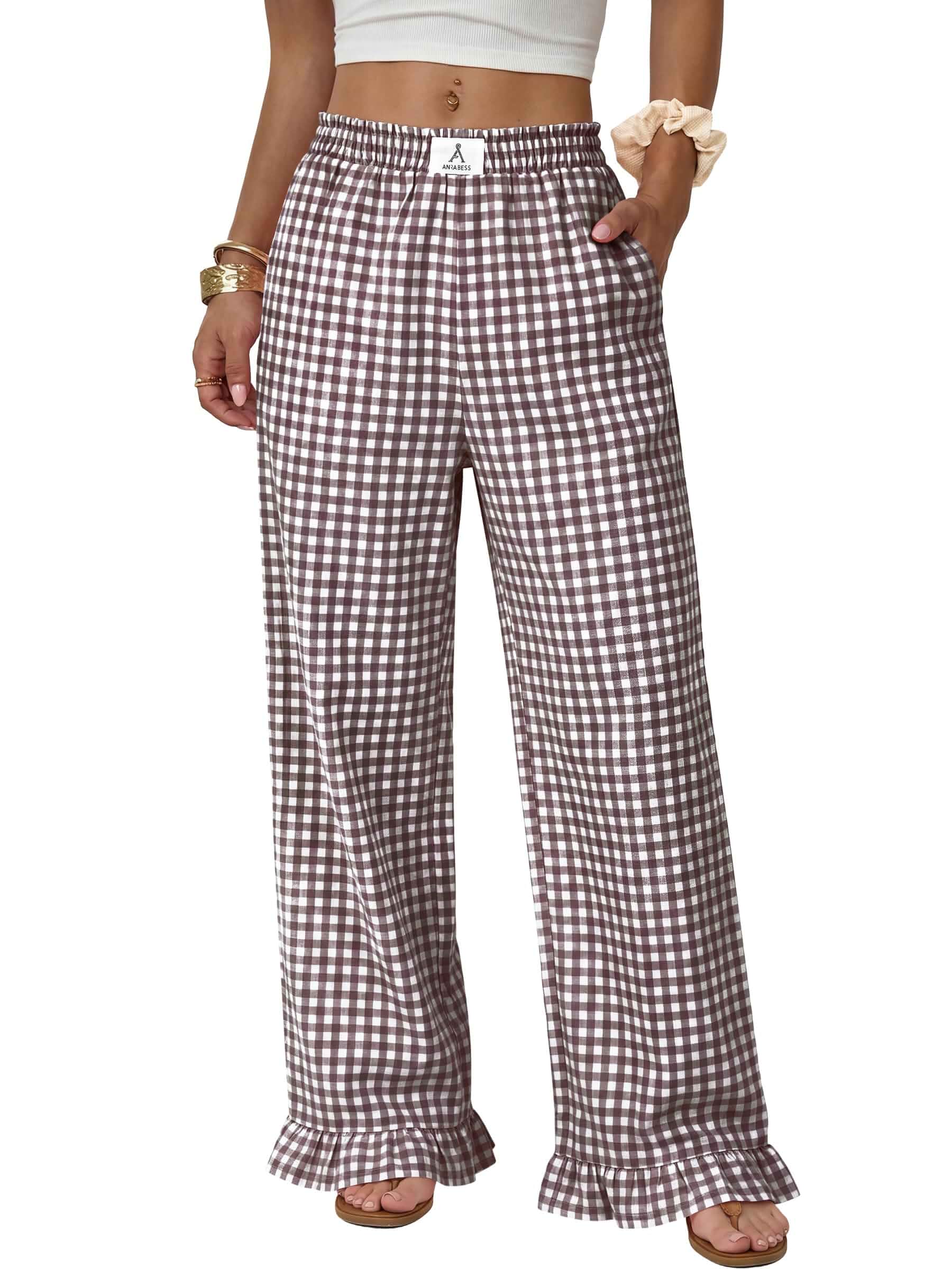 ANRABESS Womens Gingham Striped Ruffle Hem Pants Wide Leg Elastic Waisted With Pockets, Vacation Beach Lounge Pajama Plaid Trouser, Cute Casual Boxer Pants, All Seasons Wear