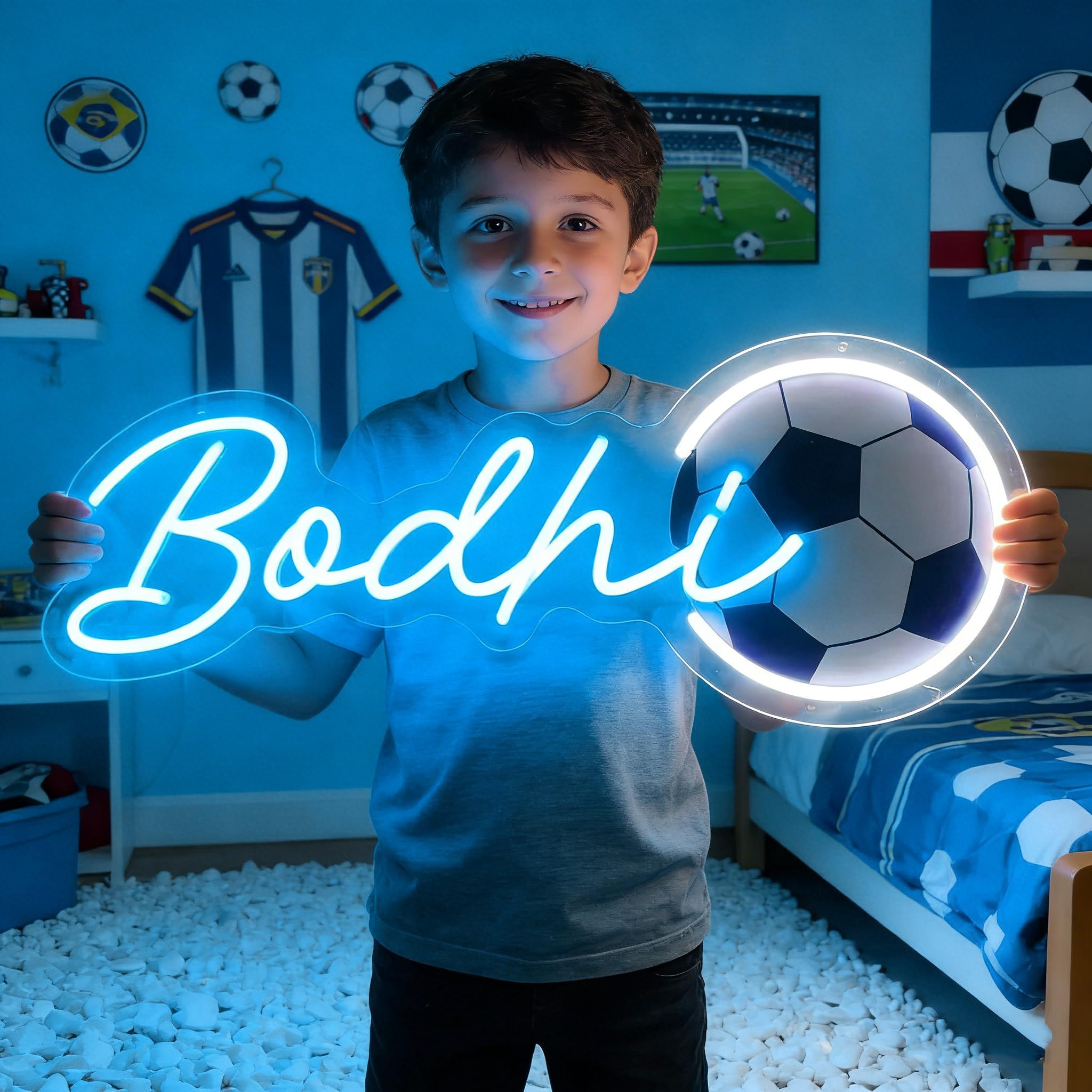 Custom Name Neon Sign Personalised with Football Customizable Sports Led Light Up Sign for Kids Boys Bedroom Birthday Party Man Cave Bar Club Football Fans Gifts