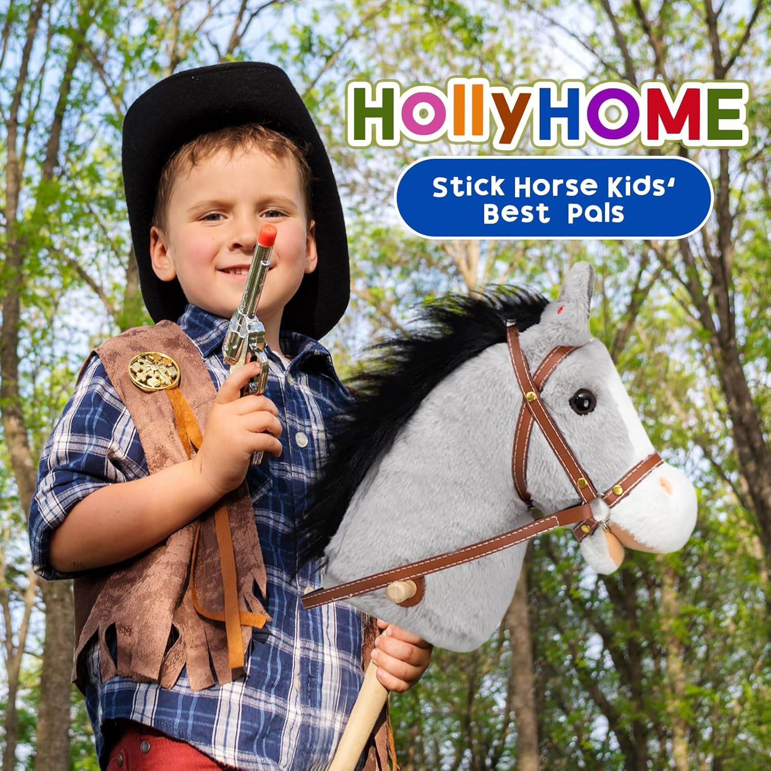 HollyHOME Stick Horse Plush Handcrafted Hobby Horse on a Stick with Wood Wheels Real Pony Neighing and Galloping Sounds for Kids Toddlers Grey 36 Inches(AA Batteries Required)