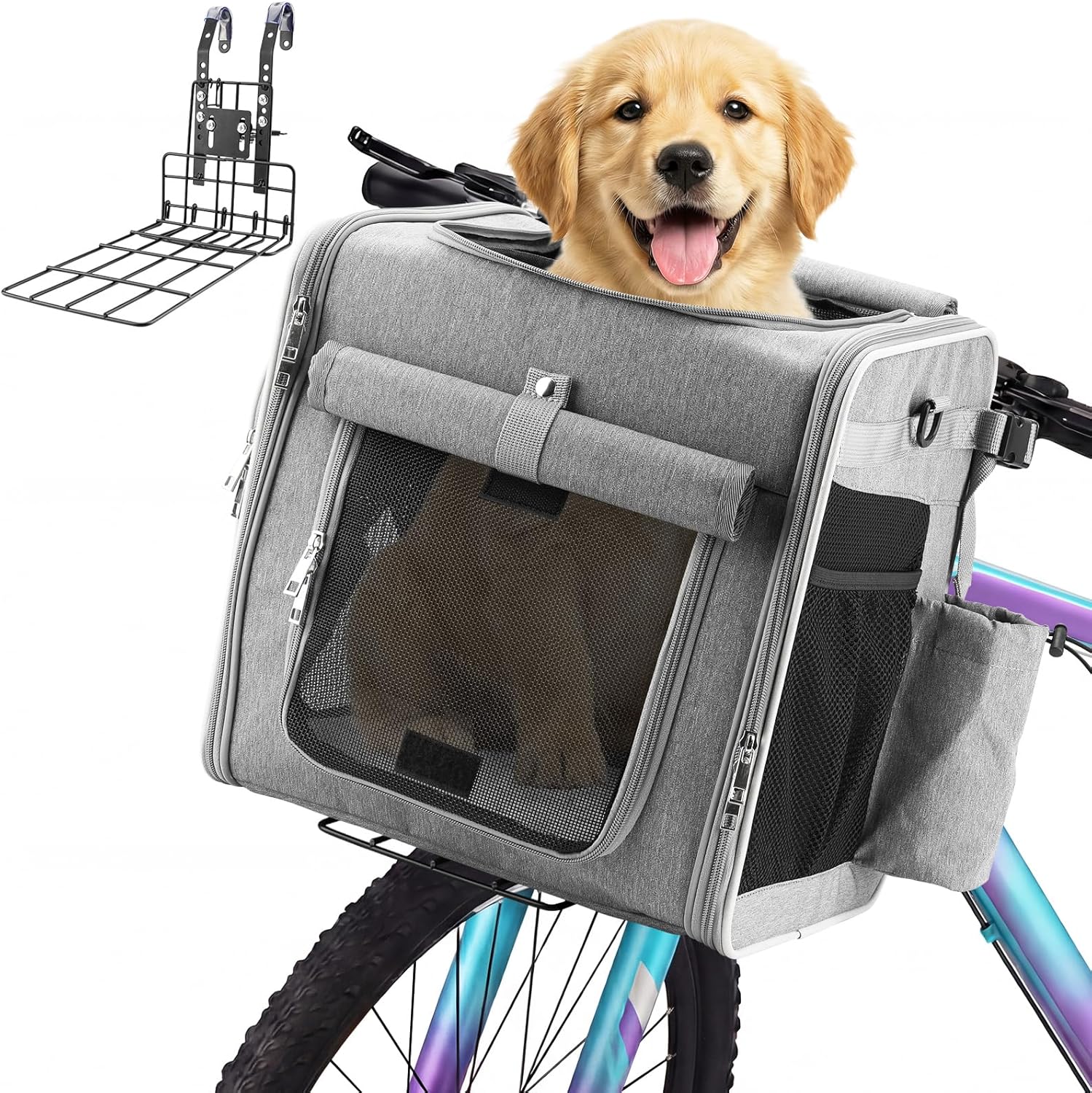 Expandable Dog Bike Basket with Secure Mounting Bracket, Multi-Functional Foldable Pet Carrier Backpack for Small Dogs & Cats, Features Safety Buckle & 4 Mesh Ventilation Windows