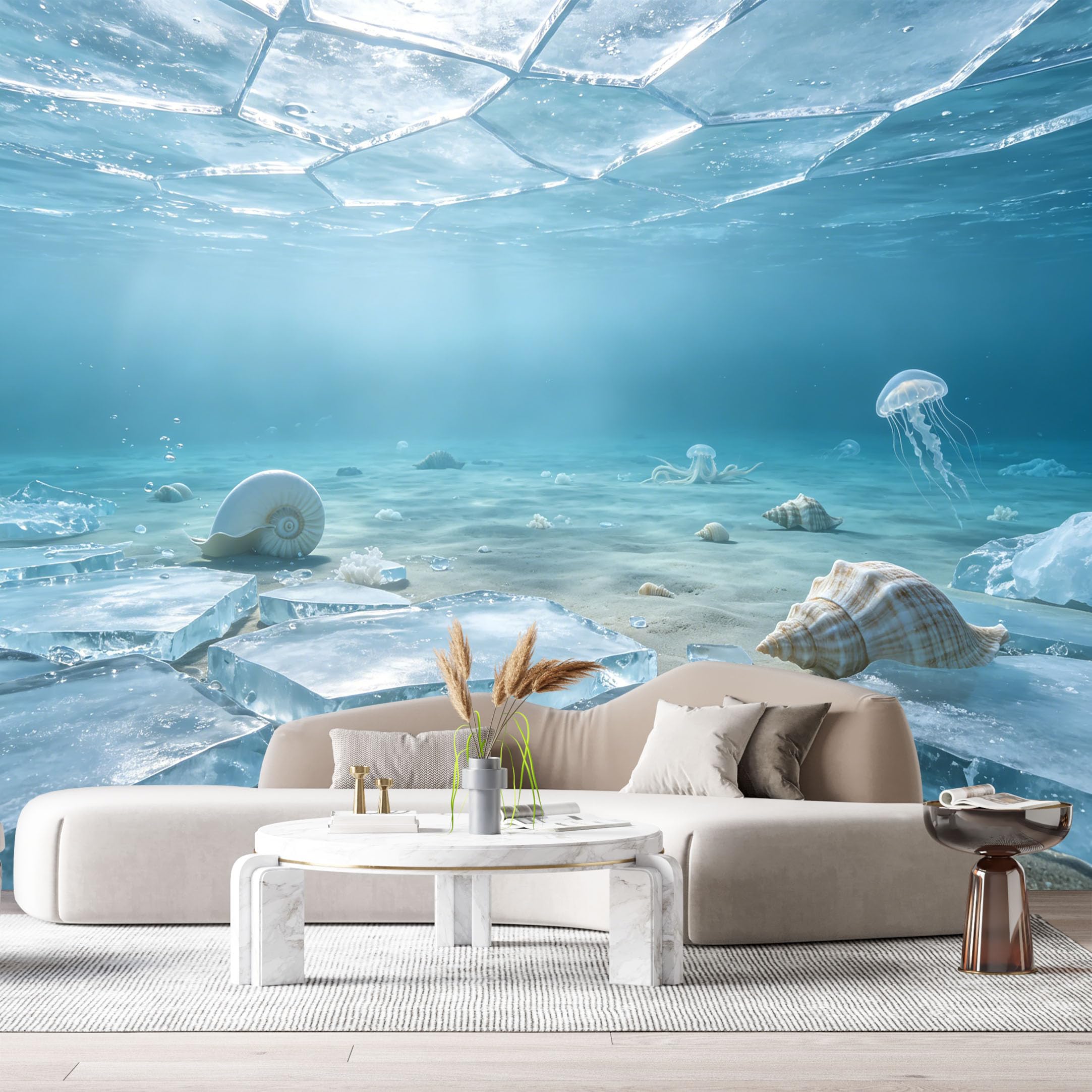 Custom Size Wall Murals Ocean Marine 3D Trompe L'Oeil Ice Blocks Seashells Jellyfish SelfAdhesiveWall Fabric Removable Wallpaper Wall Decor for Living Room Bedroom Bathroom