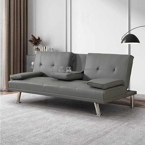 Miniatura 1 de GEEVIVO Sofá cama futón, sofá moderno de piel para sala de estar, sofá biplaza plegable, sofá cama extraíble con 2 portavasos con reposabrazos en el