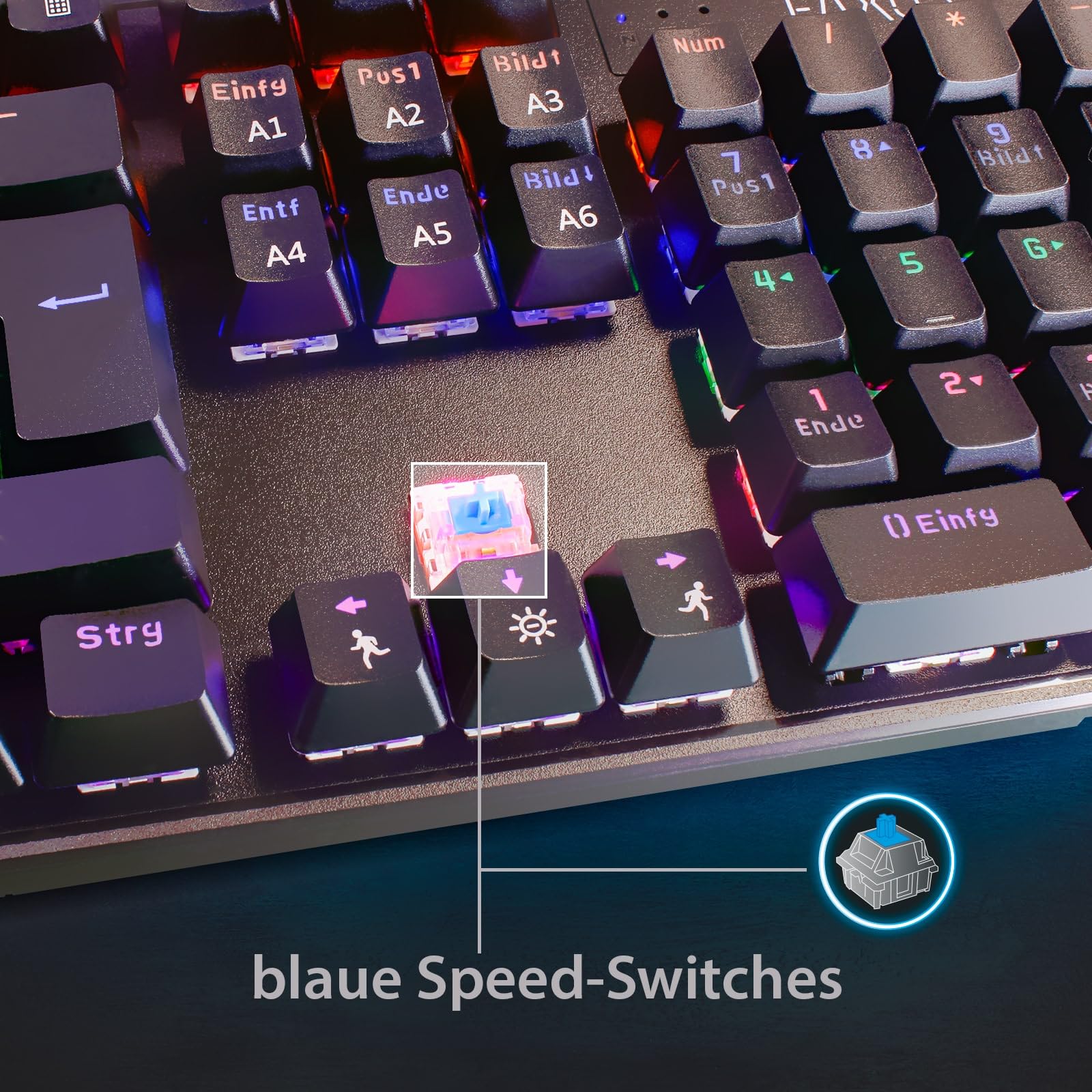 Eaxus® Clavier de jeu mécanique - Clavier de jeu LED avec touches macro et commutateurs bleus, taux de polling USB 1000 Hz, QWERTZ, noir