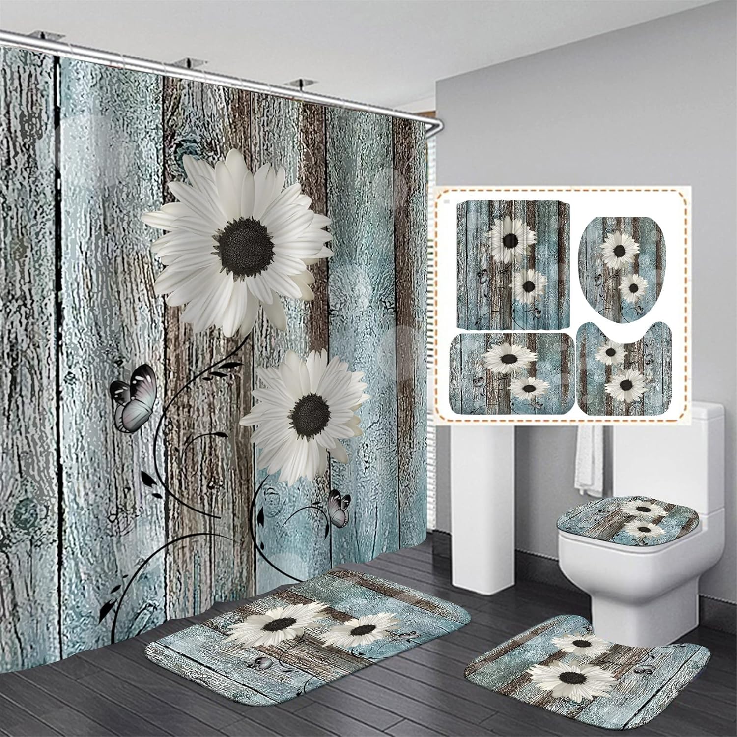 AZHM White Daisy Flower Shower Curtain Sets with Rugs 4 Piece Rustic Flower Floral Wood Panel Bathroom Decor Set with Non-Slip Rugs Toilet Lid Cover and Bath Mat Farmhouse Bathroom Shower Set : Home & Kitchen