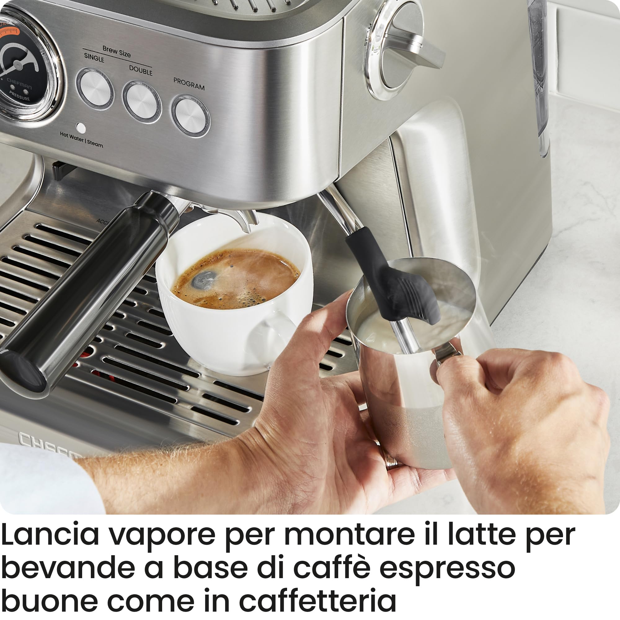 Chefman Crema Supreme Macchina per Espresso 15 Bar con Macinacaffè | Montalatte, canna del vapore Barista, 30 impostazioni di macinazione, serbatoio 3L rimovibile