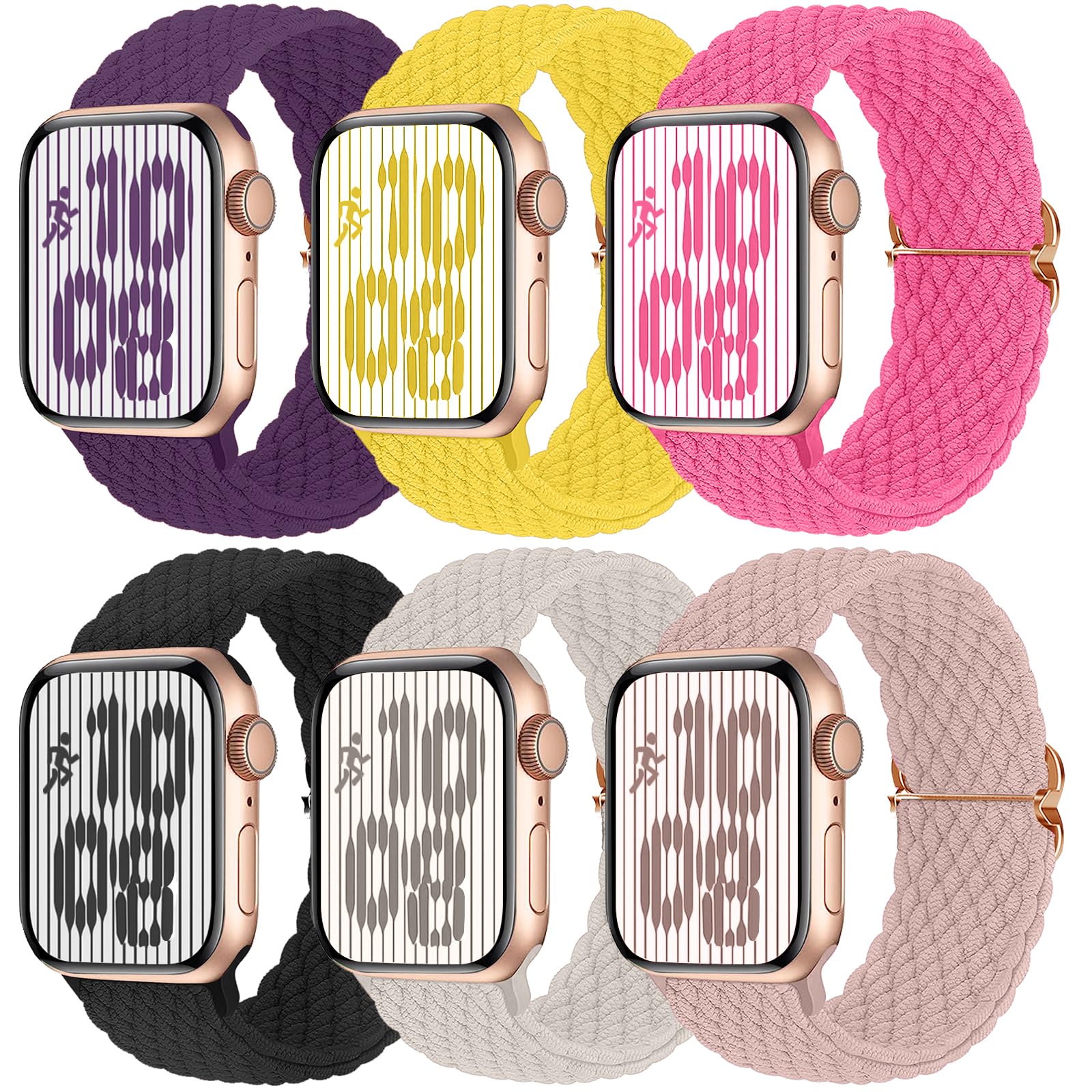 BrigtlaiffBraided Solo Loop Compatible with Apple Watch Band 38mm 40mm 41mm 42mm 44mm 45mm 49mm Women Men, Adjustable Stretchy Nylon Wristband Strap for iWatch Series 8 7 6 5 4 3 2 1 SE Ultra, 6pack