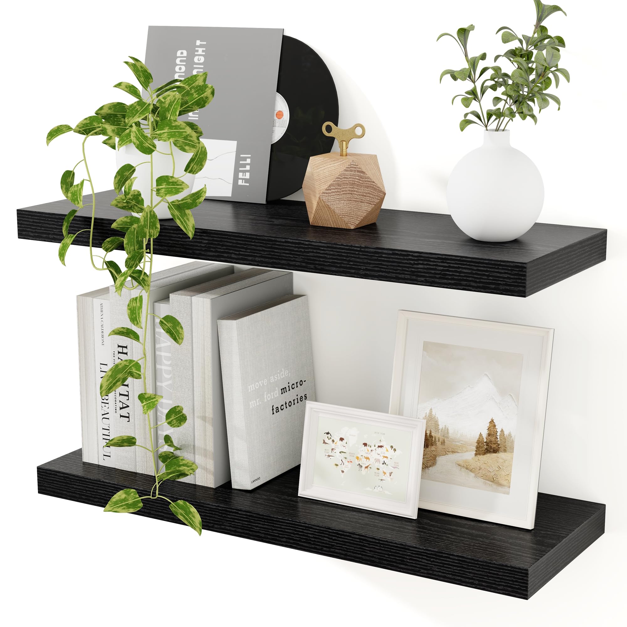 Floating Shelves for Wall, 60 CM Black Floating Shelves Set of 2, 23.5cm Deep Wooden Wall Shelf for Living Room Display Bathroom Book Shelves Laundry Room Storage or Bedroom Kitchen Organizer