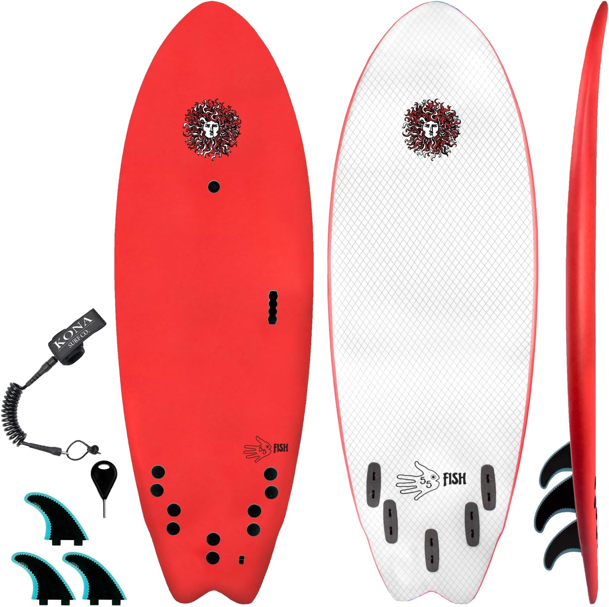 KONA SURF CO. The 5-5 Fish Surfboard for Beginners Kids and Adults - Soft Top Foam Surfboards for Beach â€“ Surf as a Boogie Board Bodyboard or Softboard - Includes Fins and Leash
