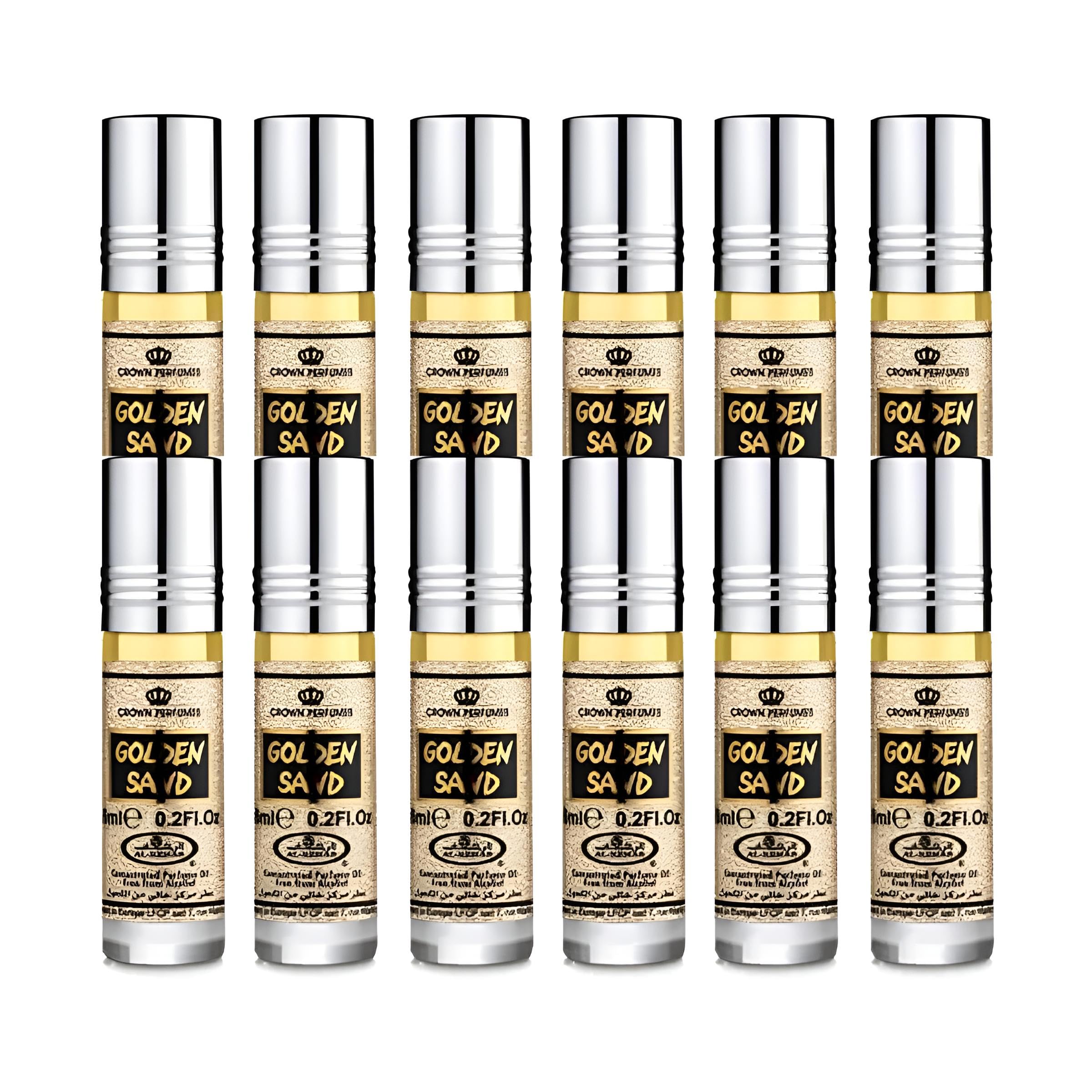 Lot de 12 Muscs Parfum GOLDEN SAND Al Rehab 6 ml Gourmand Sucré Vanille Caramel Sans Alcool – Huile de Parfum Orientale pour Femme et Homme