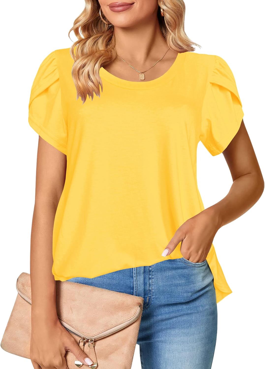 Afibi Womens Summer Crew Neck Loose Dressy Shirts Petal Short Sleeve Tunic Tops - Image 2