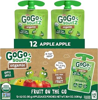GoGo squeeZ Organic Apple Applesauce Pouches, 3.2oz Pack of 12 - Unsweetened Kids Fruit Snacks, Gluten-Free, Nut-Free, BPA-Free & Recloseable