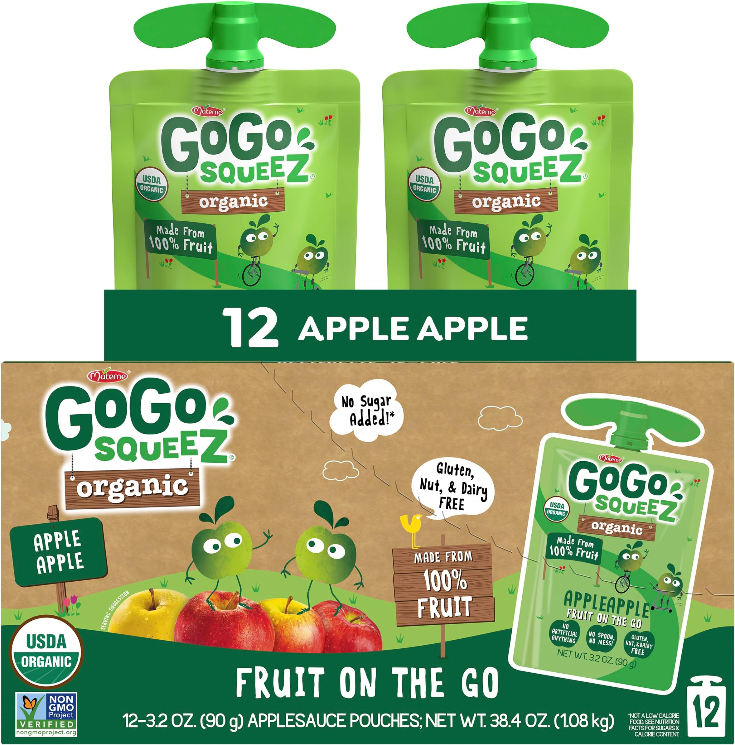 GoGo squeeZ Fruit on the Go Organic, Apple Apple, 3.2 oz (Pack of 12), Unsweetened Organic Fruit Snacks for Kids, Gluten Free, Nut Free and Dairy Free, Recloseable Cap, BPA Free Pouches