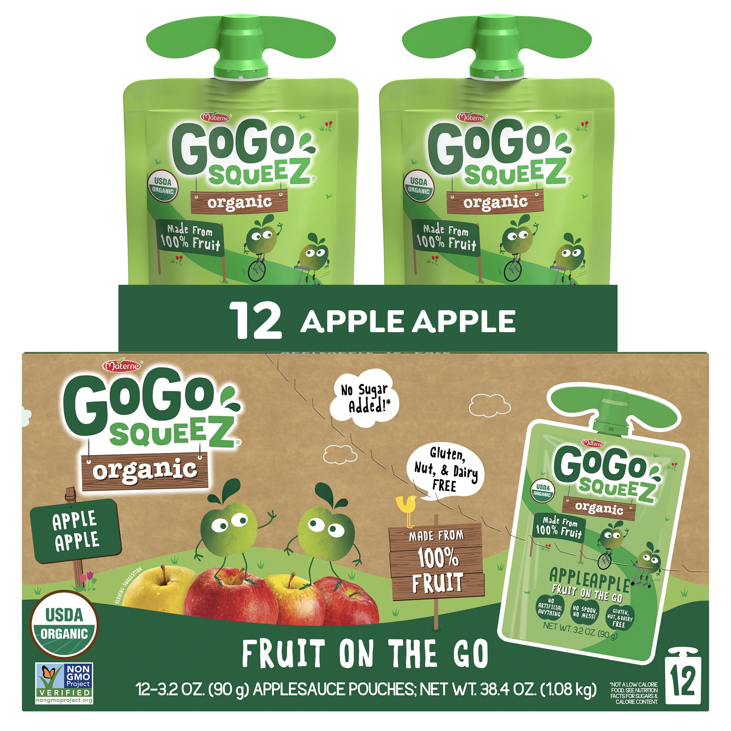 GoGo squeeZ Fruit on the Go Organic, Apple Apple, 3.2 oz (Pack of 12), Unsweetened Organic Fruit Snacks for Kids, Gluten Free, Nut Free and Dairy Free, Recloseable Cap, BPA Free Pouches