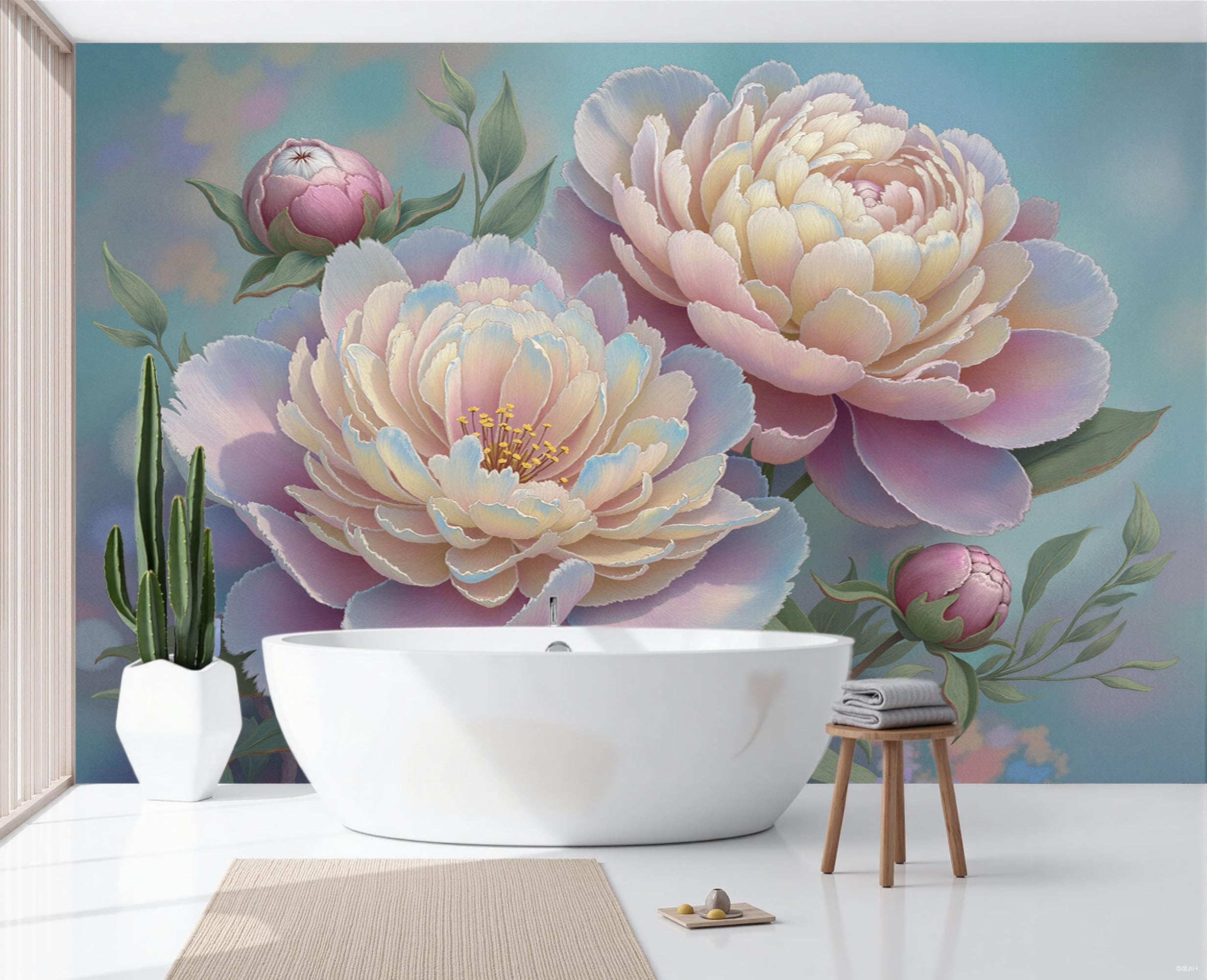 Papier peint panoramique pivoine bleu pour transformer un mur blanc terne