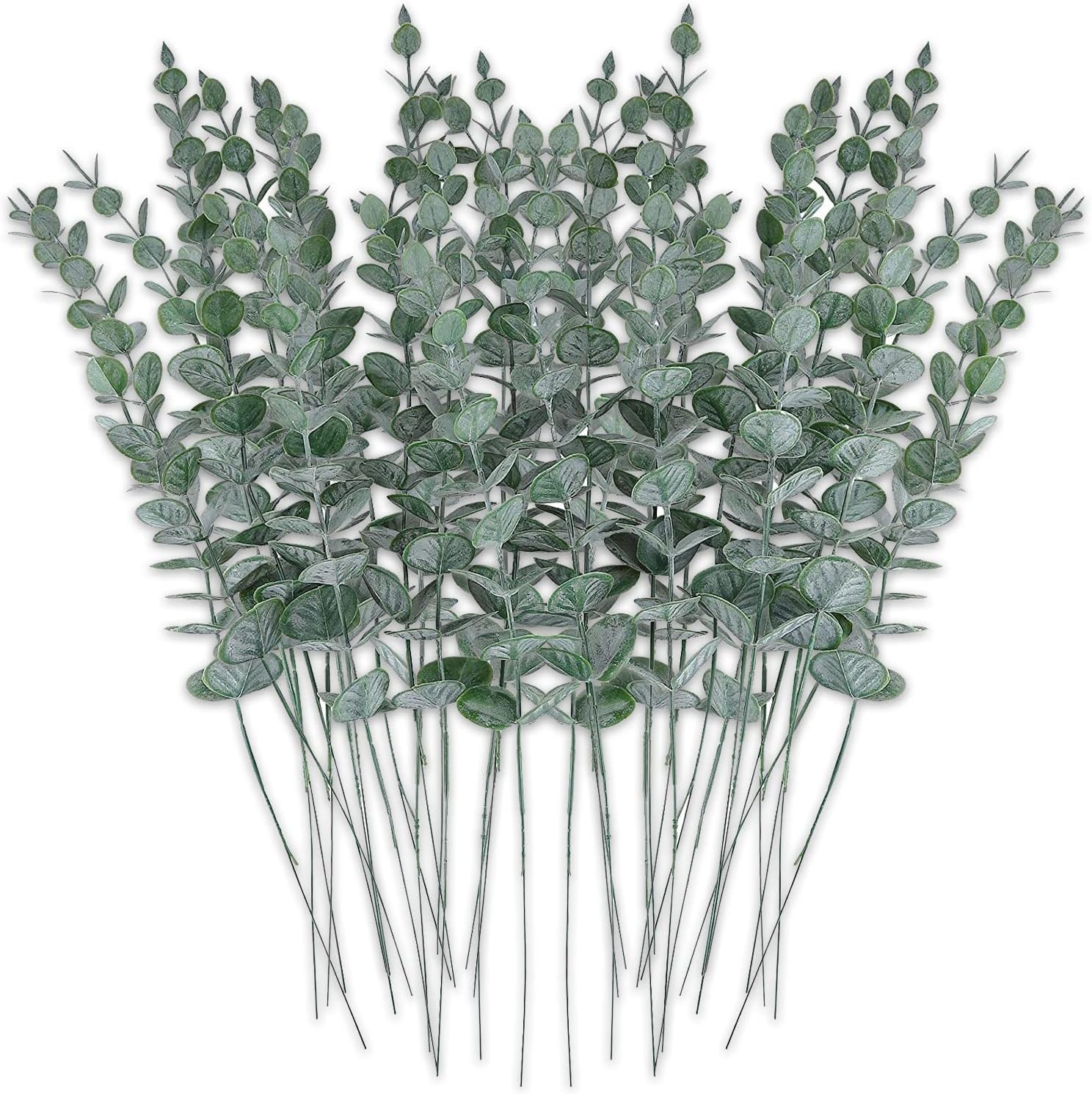 40pcs Artificial Eucalyptus Leaves Stems with Frost, Tall Faux Eucalyptus Leaves Stems,16" Tall Fake Eucalyptus Branches for Wedding Bouquet Table Fireplace Home Decor