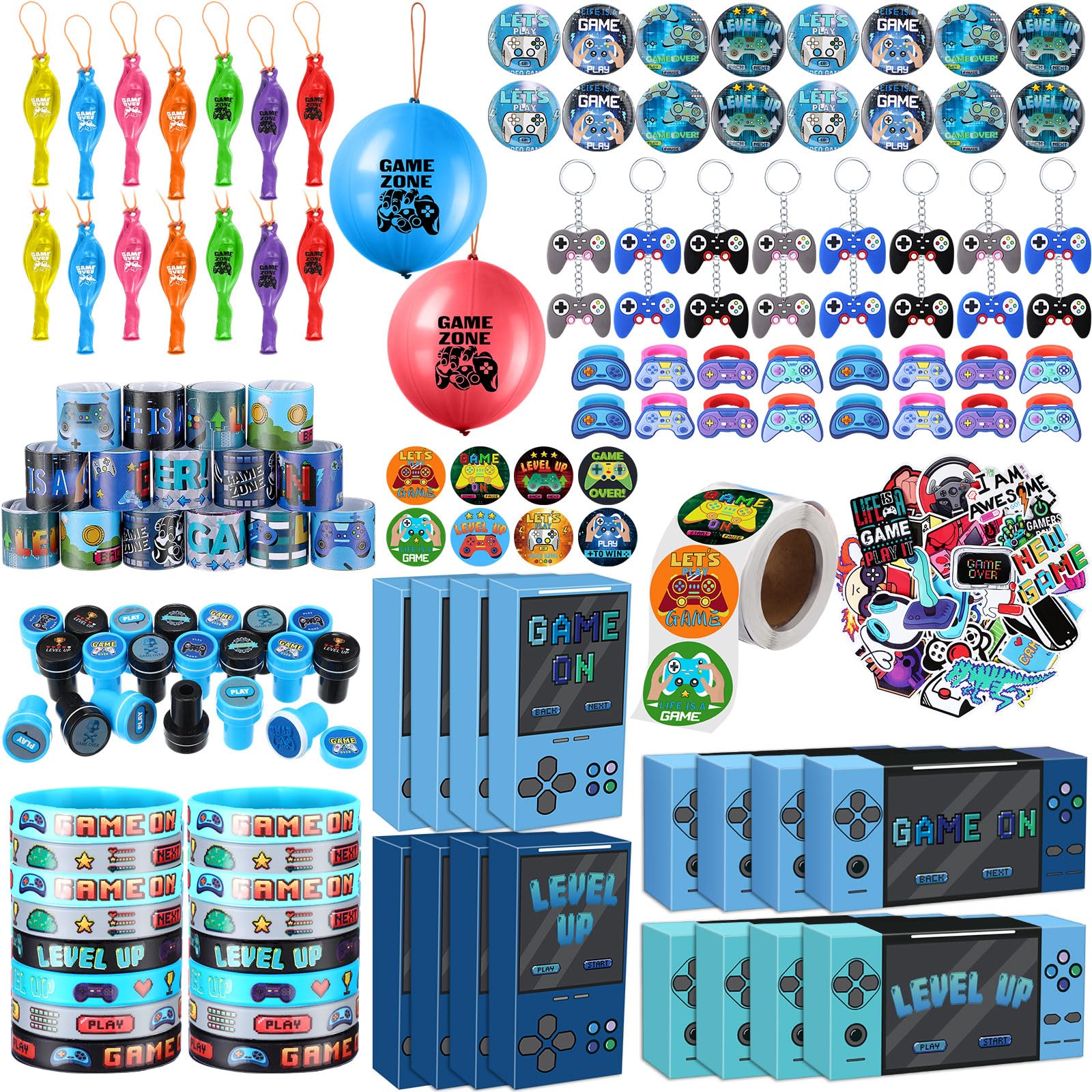 HyDren 179 piezas de recuerdos de fiesta de videojuegos, incluye cajas de regalo de videojuegos, globos perforadores, pulseras de silicona, llaveros, insignias, calcomanías para juegos de fiesta de