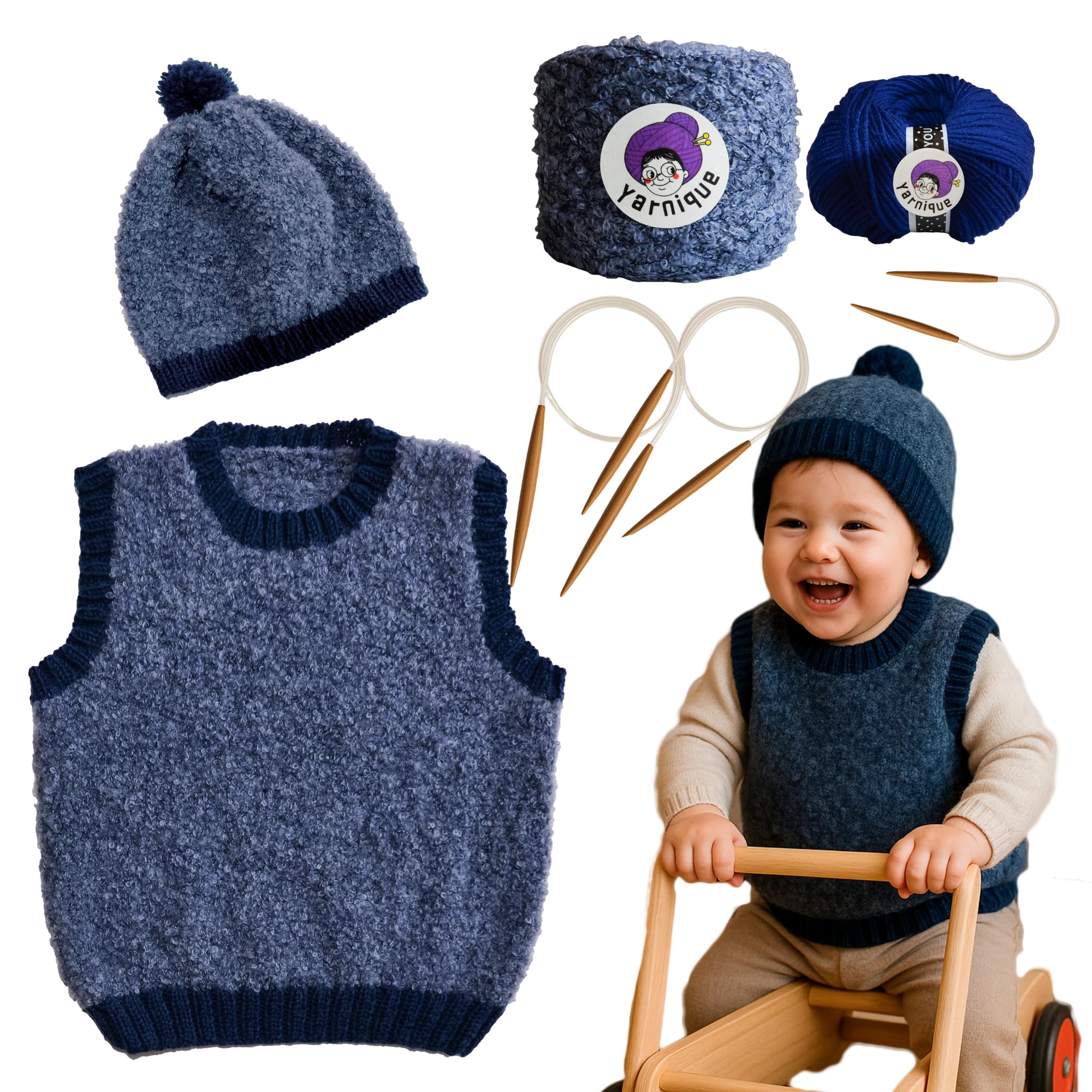 Yarnique Baby Knitting Kit for Beginners – Learn to Knit Kit with Italian Boucle & 100% Merino Wool, DIY Baby Vest & Hat Starter Set, Knitting Kit/