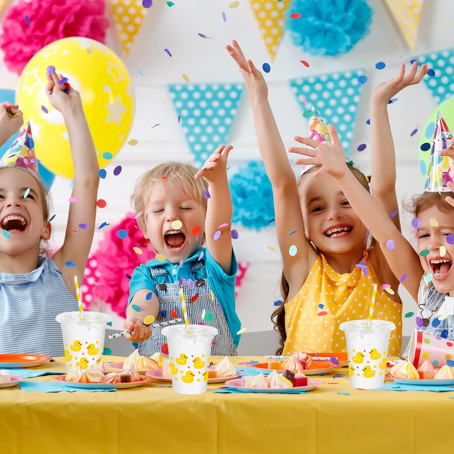 JarThenaAMCS 50Pcs Summer Rubber Duck Plastic Cups with Lids and Straws Cute Duck Clear Plastic Cups 12oz Yellow Disposable Cup for Birthday Baby Shower Party Supplies - Image 6