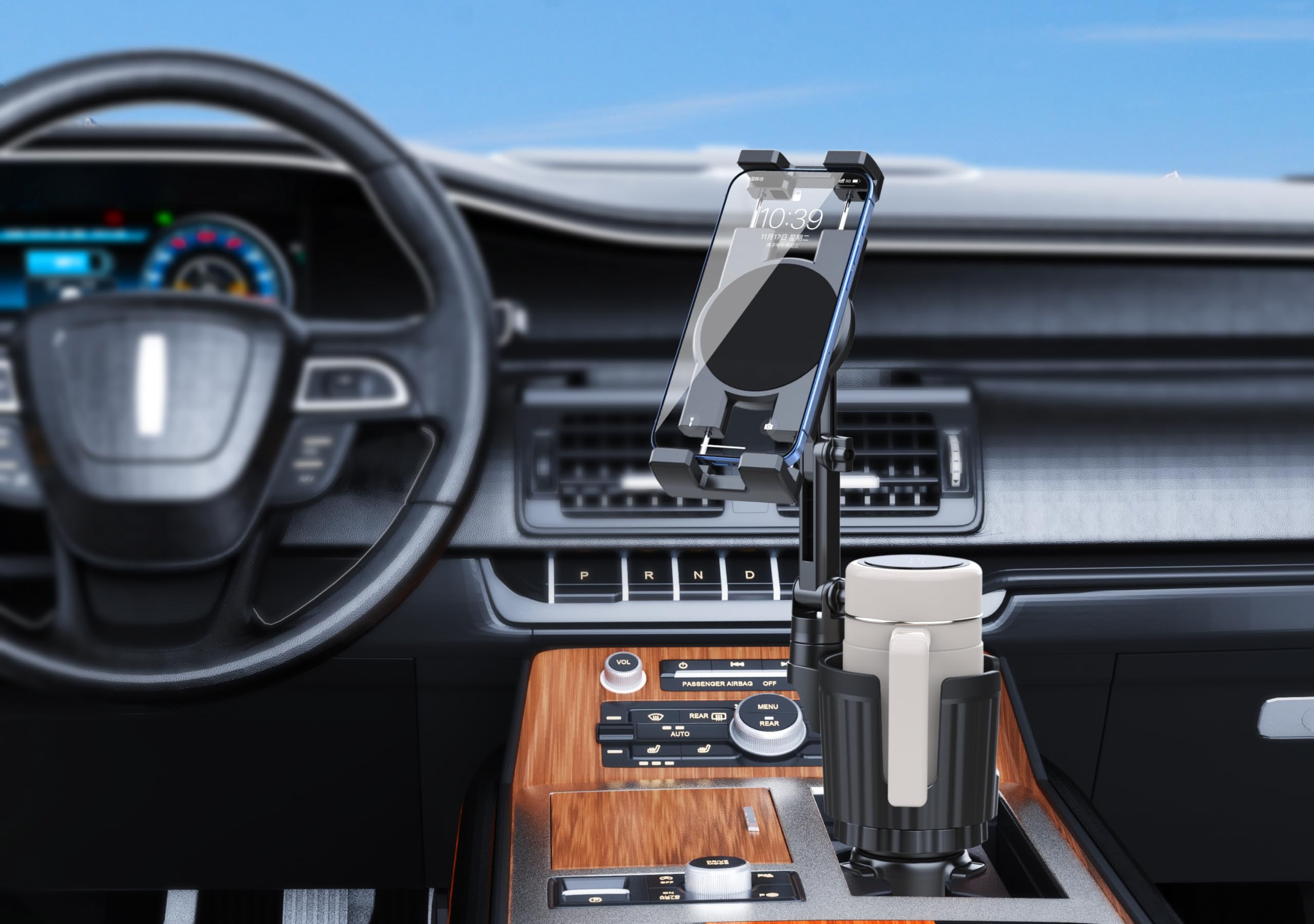 Support pour Tablette avec Porte-gobelet, Support pour Voiture avec Porte-gobelet pour iPad et Bras réglable pour Tablette iPhone 3-13 Pouces, iPad Pro Air Mini, Fire, iPhone 15, Galaxy S24 Z Fold 5