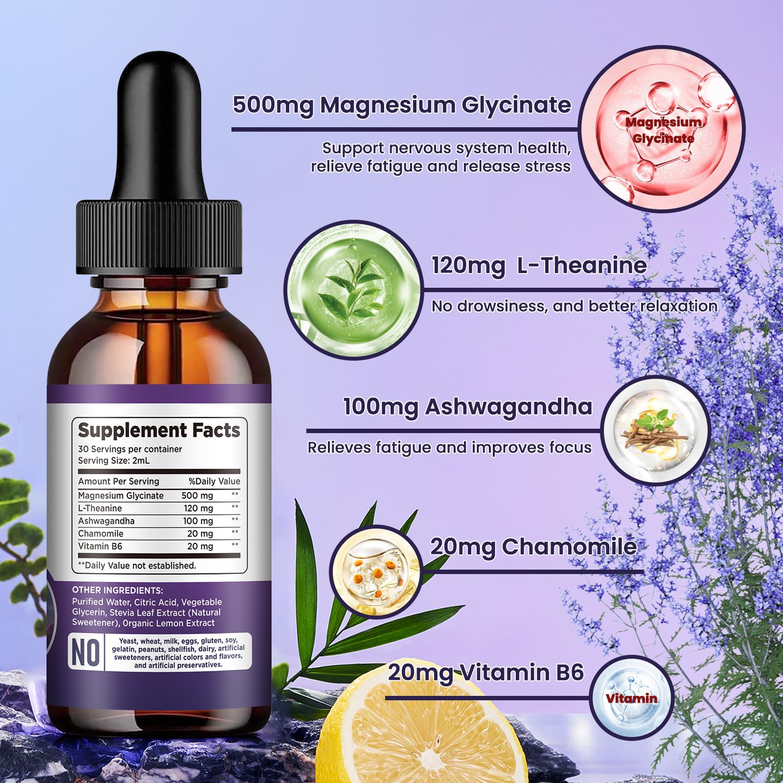 Magnesium Glycinate Supplement, Magnesium Liquid Drops with Magnesium Glycinate 500mg Vitamin B6, Ashwagandha, L - Theanine, Chamomile -Support Stress Relief, Bone, Muscle, Mood Vegan — Amazon image 3