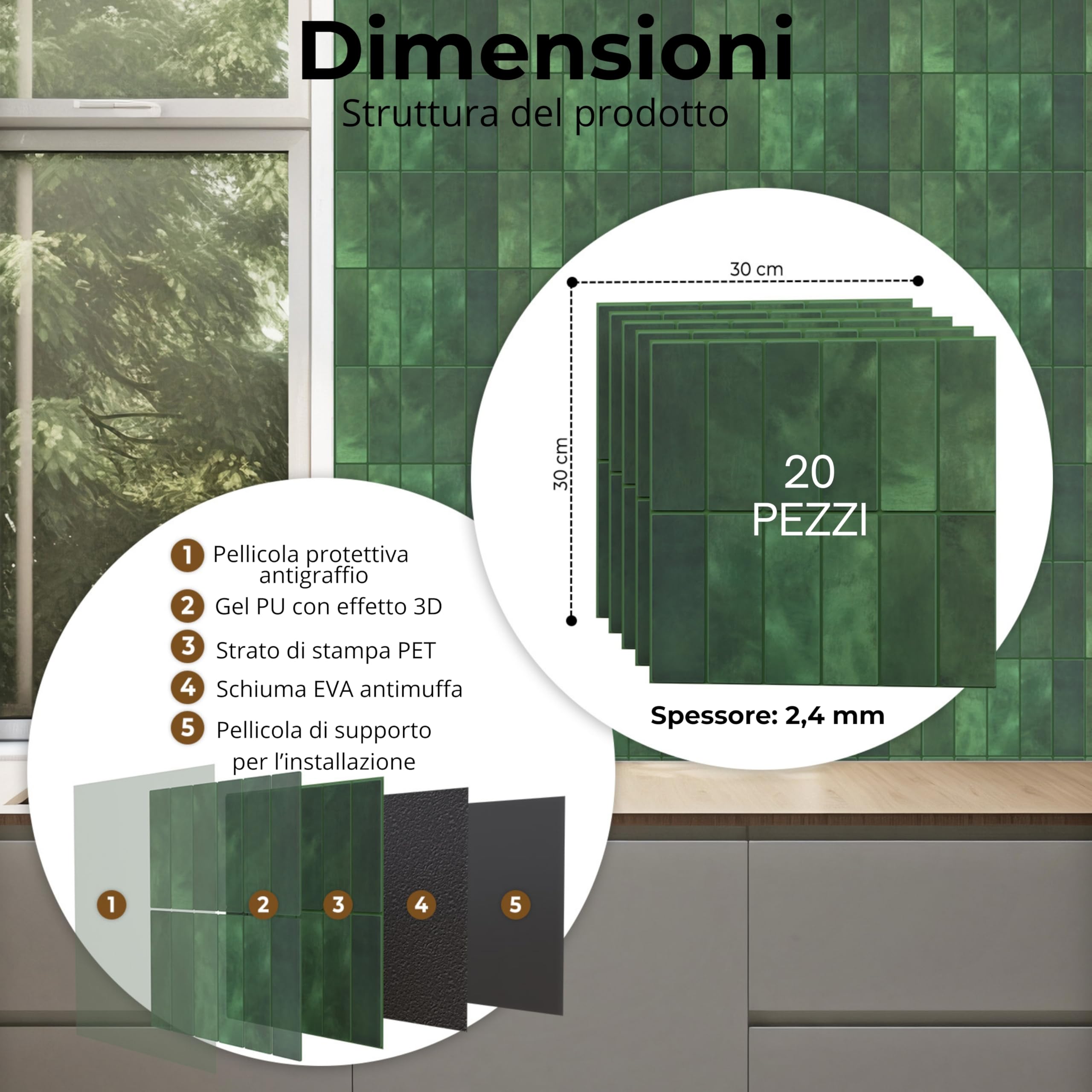 AMARA DECO – 20 Piastrelle Adesive Cucina e Bagno 30x30cm. Mattonelle Adesive da Parete con Effetto Piastrelle 3D, Impermeabili, Resistenti al Calore e Facili da Pulire(Rettangolari) (20, Verde)