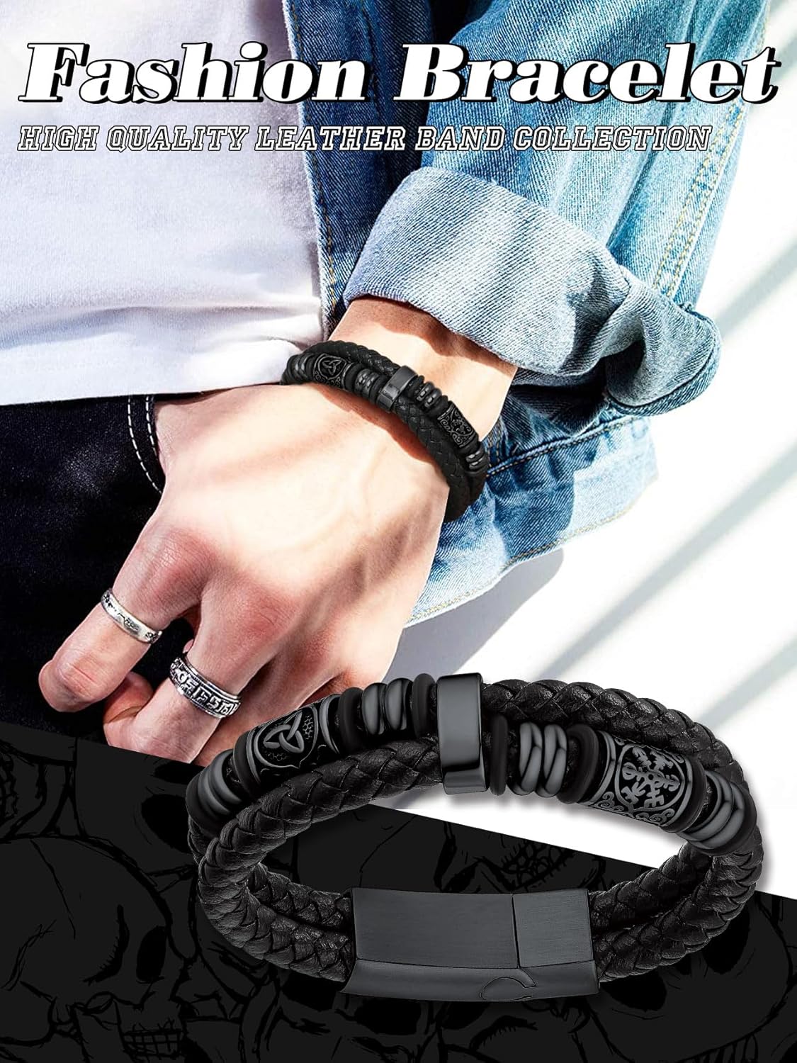 Bestyle Genuine Men Leather Bracelets Fashion Stainless Steel Celtic Beaded Wristband for Men, Size 7.5/8.3/9.1/9.8Inch Men Bracelet, Message Card Offered - Image 2