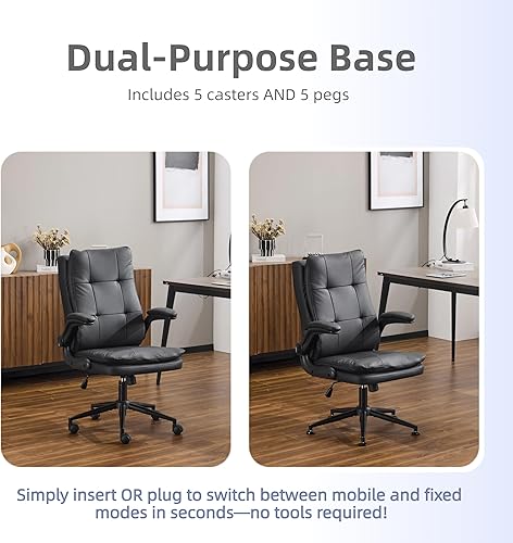 Miniatura 5 de VINGLI Cómoda silla de escritorio de piel negra, ergonómica de respaldo alto, silla de juegos para computadora con o sin ruedas, doble base, altura