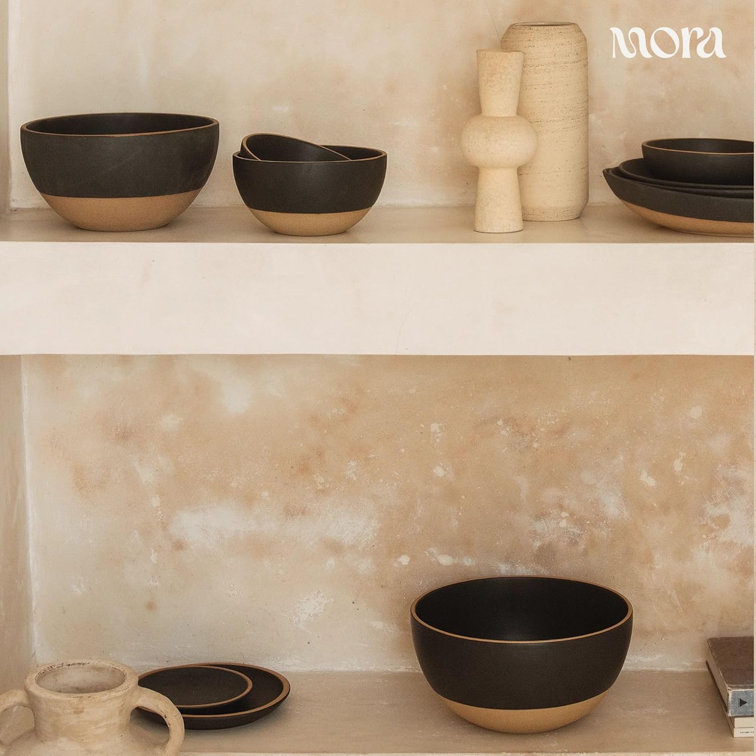 MORA Jumbo and Large Bowls Set of 2, 2.5 and 1.5 Qt Ceramic Pottery Mixing Bowls - Microwave and Dishwasher Safe - Liquorice
