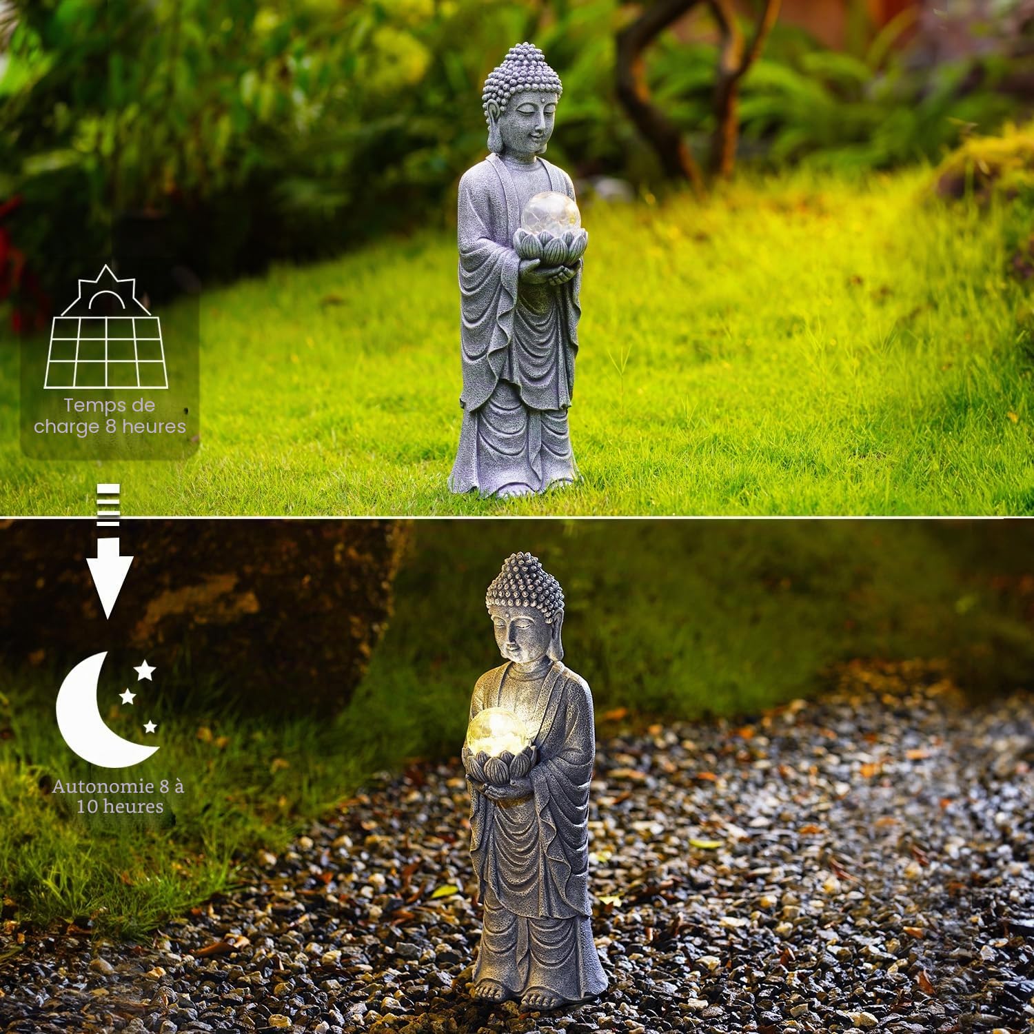 Yeomoo Figurine de Bouddha solaire - Hauteur : 46 cm - Avec effet craquelé LED - Grande décoration spirituelle pour jardin zen, méditation, yoga et feng shui - Cadeau pour femme/maman (jardin