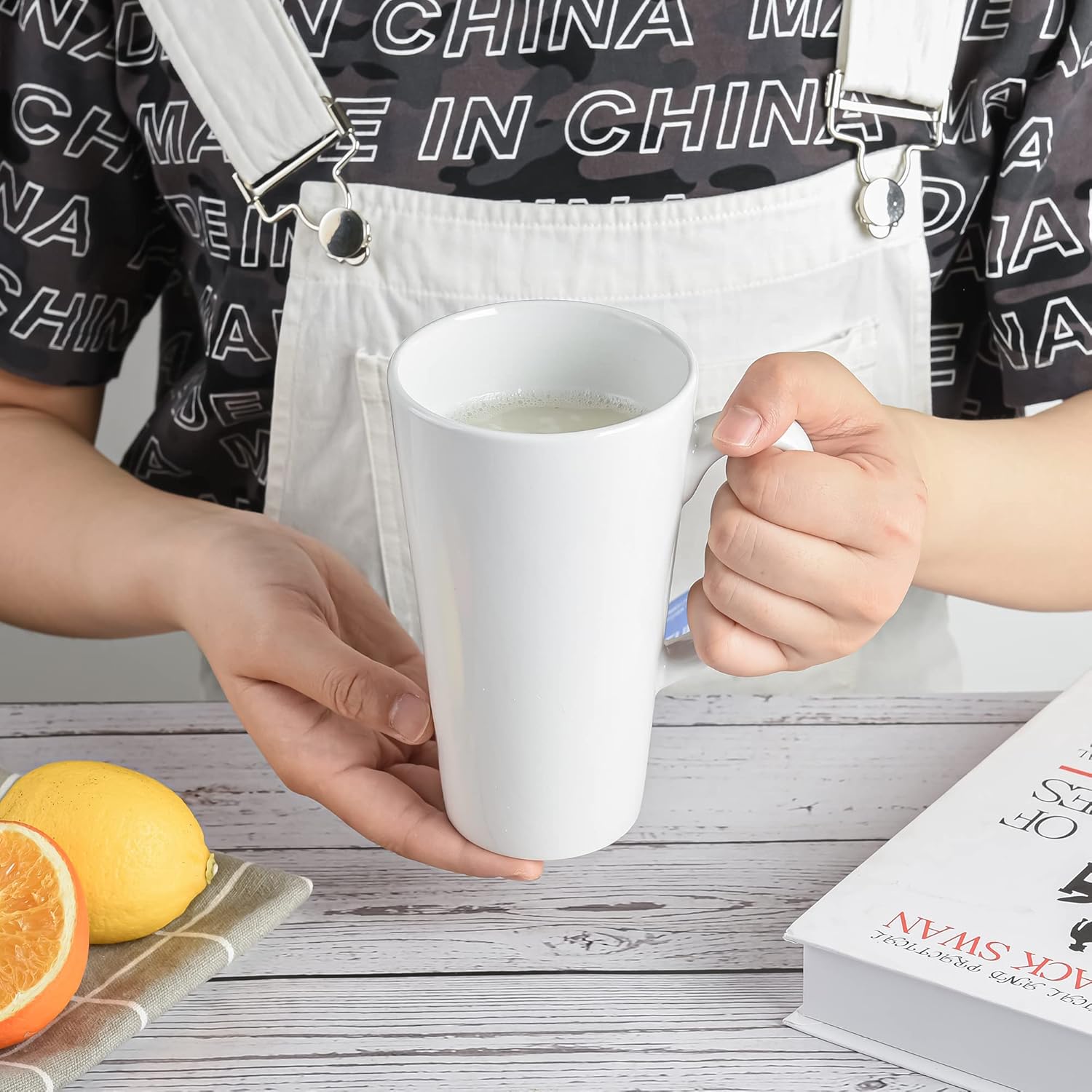 16oz White Funnel Ceramic Tall Coffee Mugs for Coffee, Tea, Cocoa, Latte, Milk set of 4 - Image 7