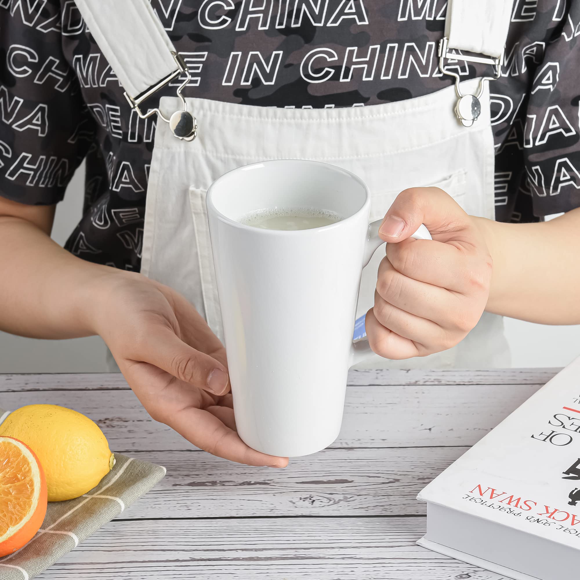 BYCNZB Juego de 4 tazas de café altas de cerámica con embudo blanco de 16 onzas para café, té, cacao, latte, leche