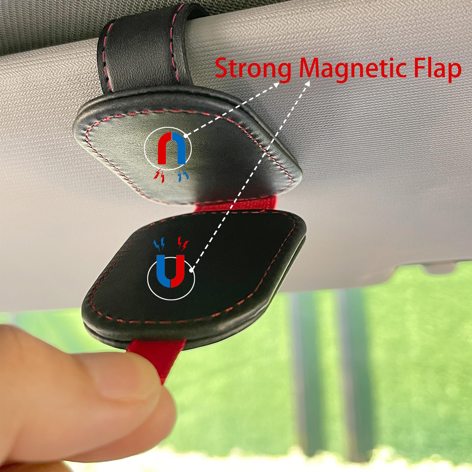 Paquete de 2 soportes para gafas de sol para visera de coche, clip magnético de cuero, aplicable a la mayoría de lentes, billetes, notas y tarjetas no magnéticas, etc. (negro)