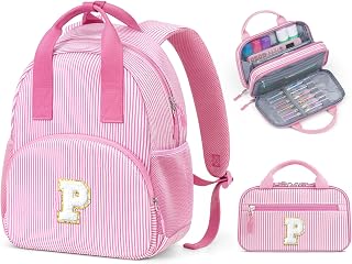 YOOLIFE Initial School Backpack for Girls Kids with Pencil Case, Pink P