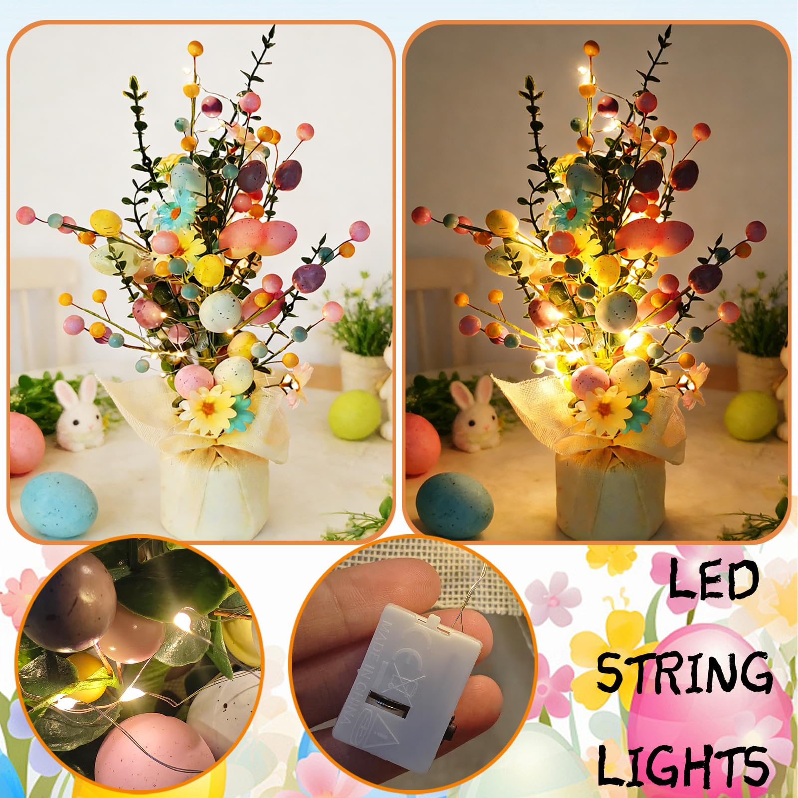 YOUYIKE 40cm Osterzweige für Ostereier Modern Osterzweige Künstlich Deko Innen Tisch Ostergesteck mit LED Beleuchtung Osterstrauch für Frühlingsdeko