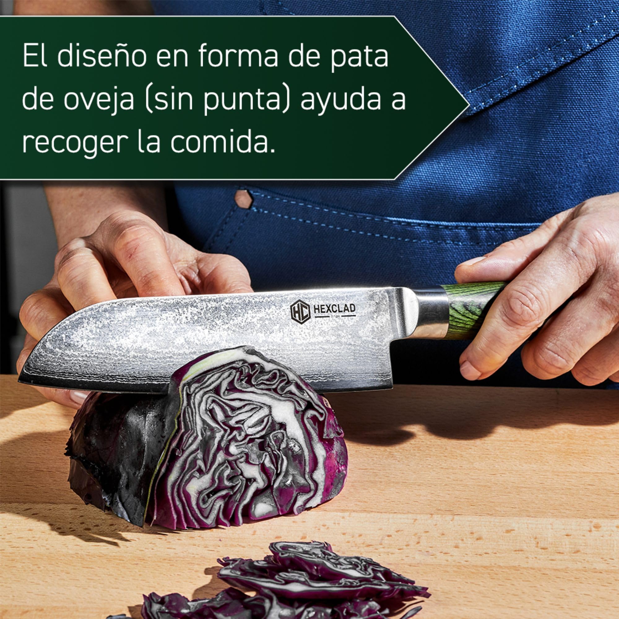 HexClad Cuchillo Santoku de 18 cm, Hoja de Acero Inoxidable de Damasco Japonés, Mango de Madera de Pakka