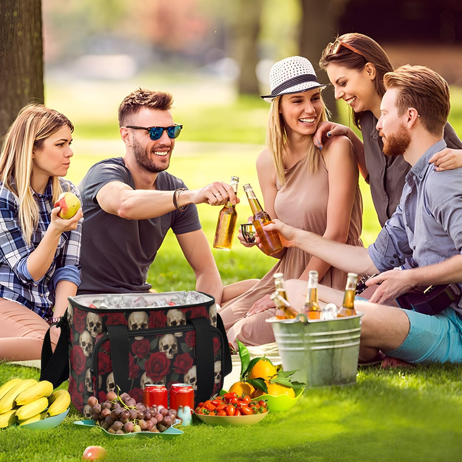 Wudan Czerwona róża czaszka gotycka torba do przechowywania żywności z podszewką PEVA BBQ