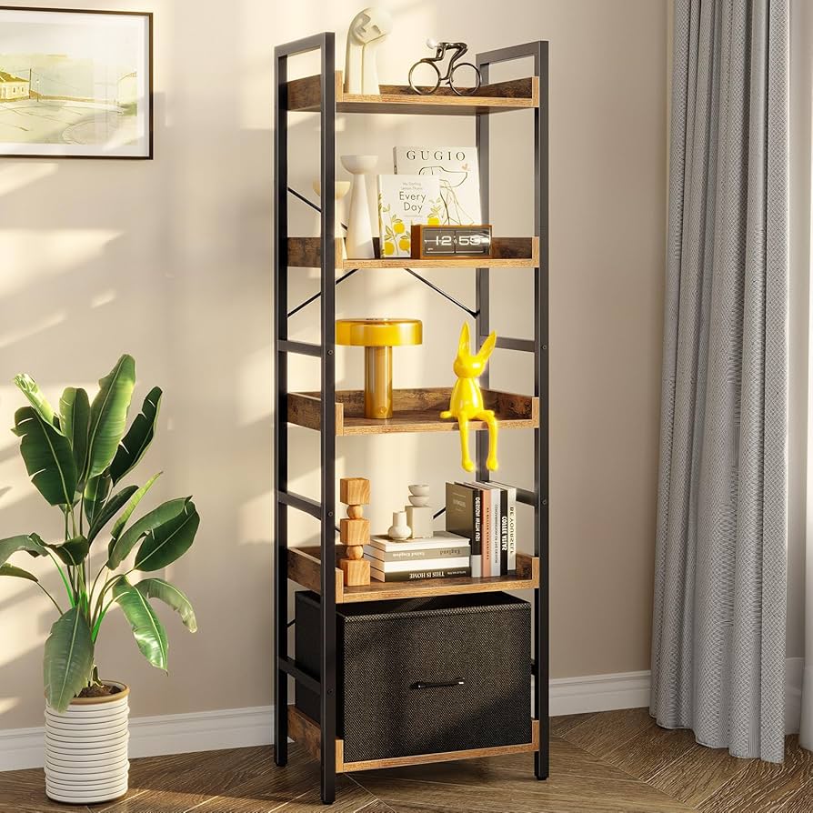Rolanstar Bookshelf 5 Tier with Removable Drawer, Tall