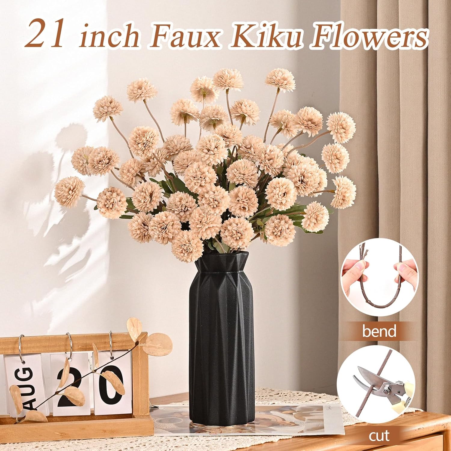Yastouay 6pcs Fake Flowers Faux Silk Pompon Mums, Bulk Fake Mini Chrysanthemums with Stems, Artificial Kiku Flowers for Vase DIY Centerpieces Bouquet Floral Arrangements Decorations, Beige - Image 6