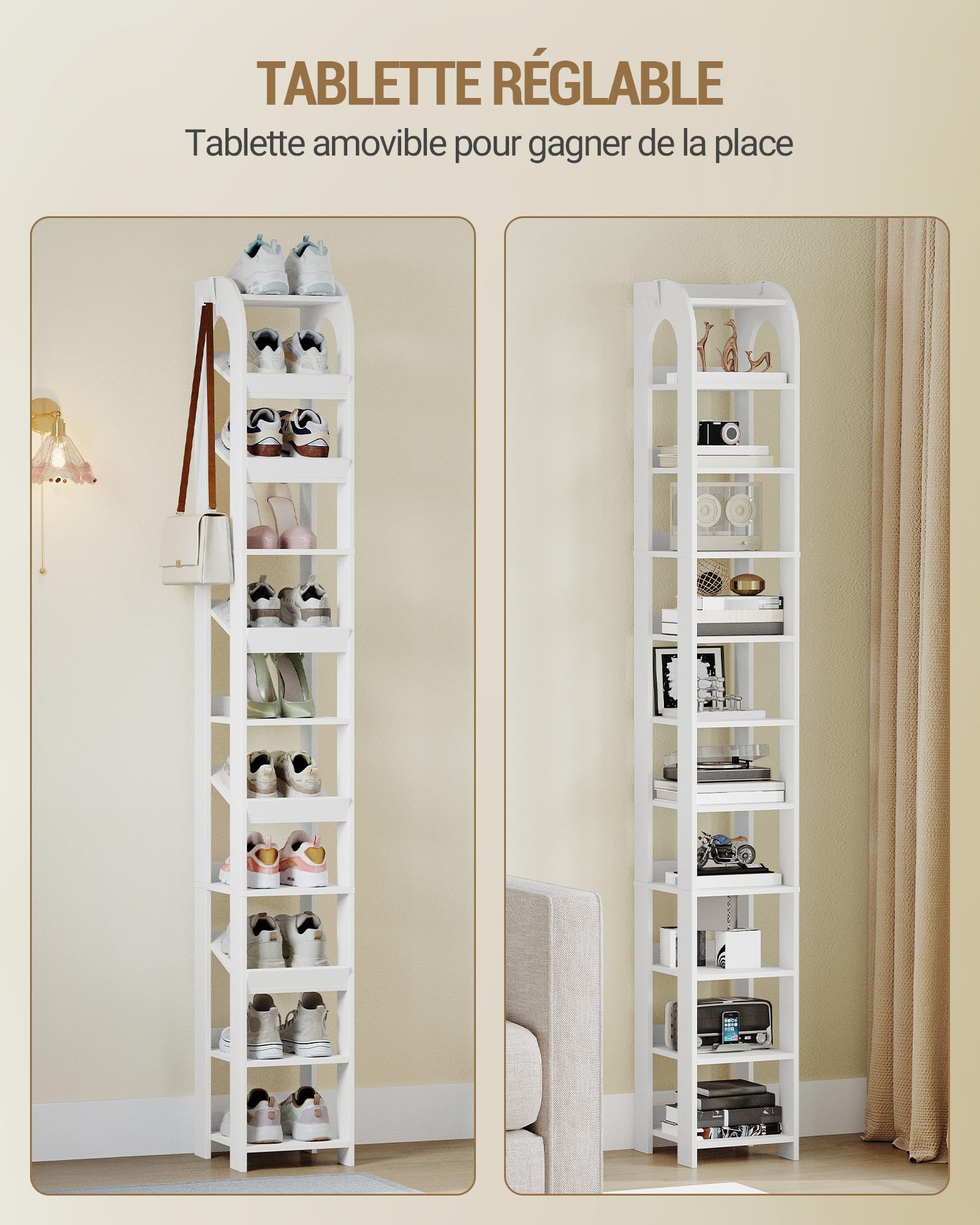 Hzuaneri Scarpiera Verticale, Scarpiera Stretta a 11 Livelli, Scaffale Portascarpe, con Ganci, 29 × 25 ×186 cm, Organizzatore di Scarpe in Legno per Ingresso, Soggiorno, Bianco SR12403X