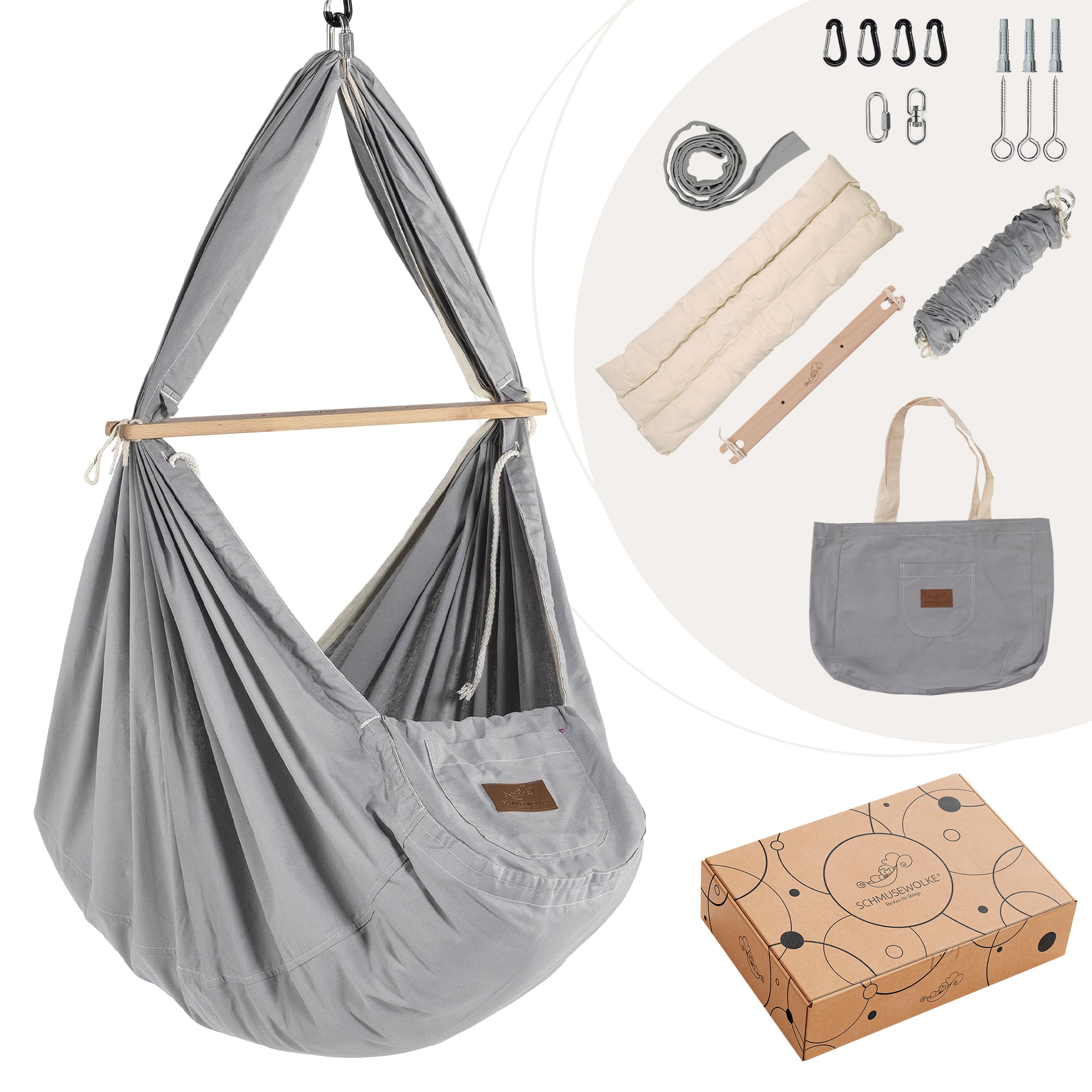 SCHMUSEWOLKE Berceau à ressorts, BioGrey, avec moteur et tipi blanc, hamac pour bébés et tout-petits de la naissance à 3 ans, coton biologique, avec matelas en laine de mouton