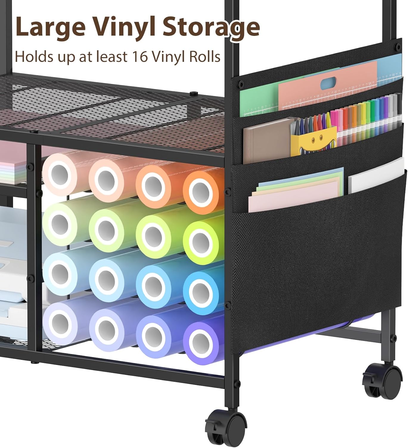 VEOSIR Craft Cart with Vinyl Roll Holder, Organizer & Storage Table for Cricut Machine with Drawer,Mobile Craft Organization and Storage Cart,Crafting Table Accessories Holder for Craft Room Black